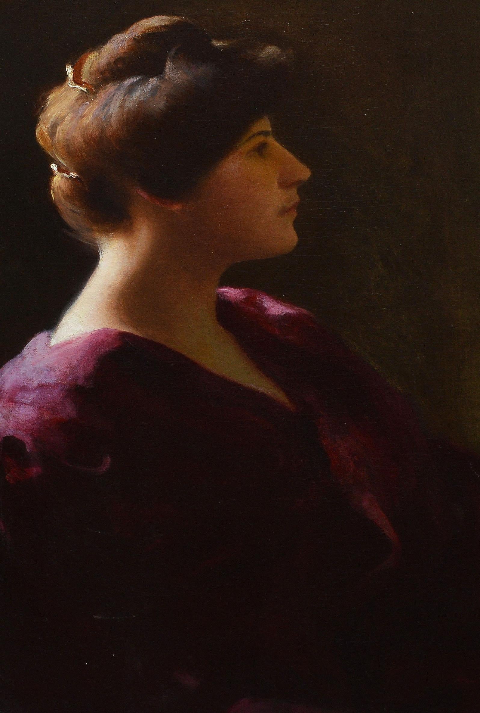 Peinture à l'huile ancienne de l'école de Boston représentant une jeune femme par William Worcester Churchill  (1858 - 1926).  Label et titre au verso, 
