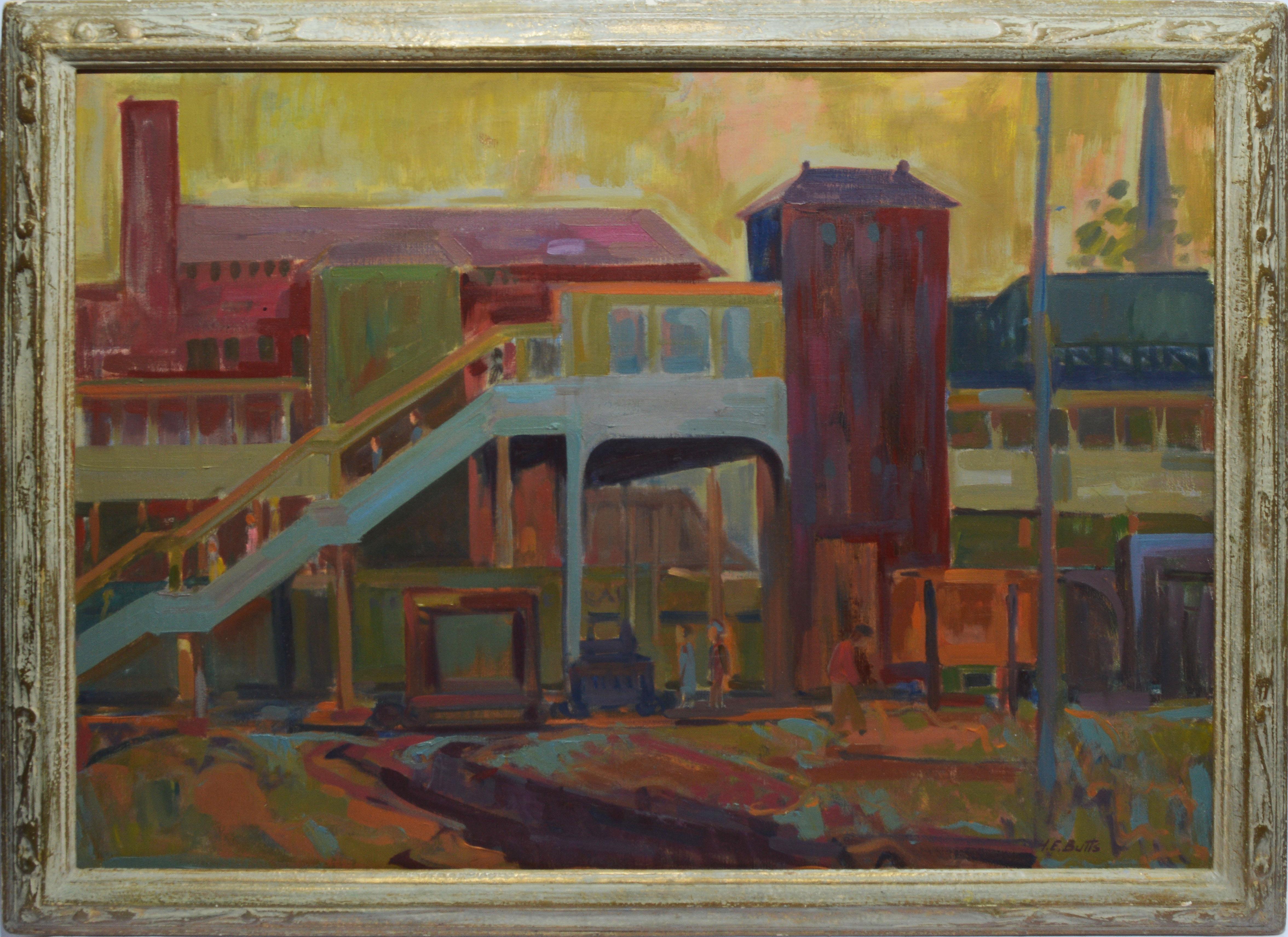 H. E. Butts Landscape Painting – Modernes industrielles Güterbahnhof-abstraktes Stadtbild-Ölgemälde von HE Butts