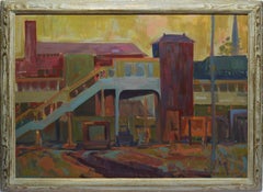 Modern Industrial Train Yard Abstract Cityscape Oil Painting by H. E. Butts
