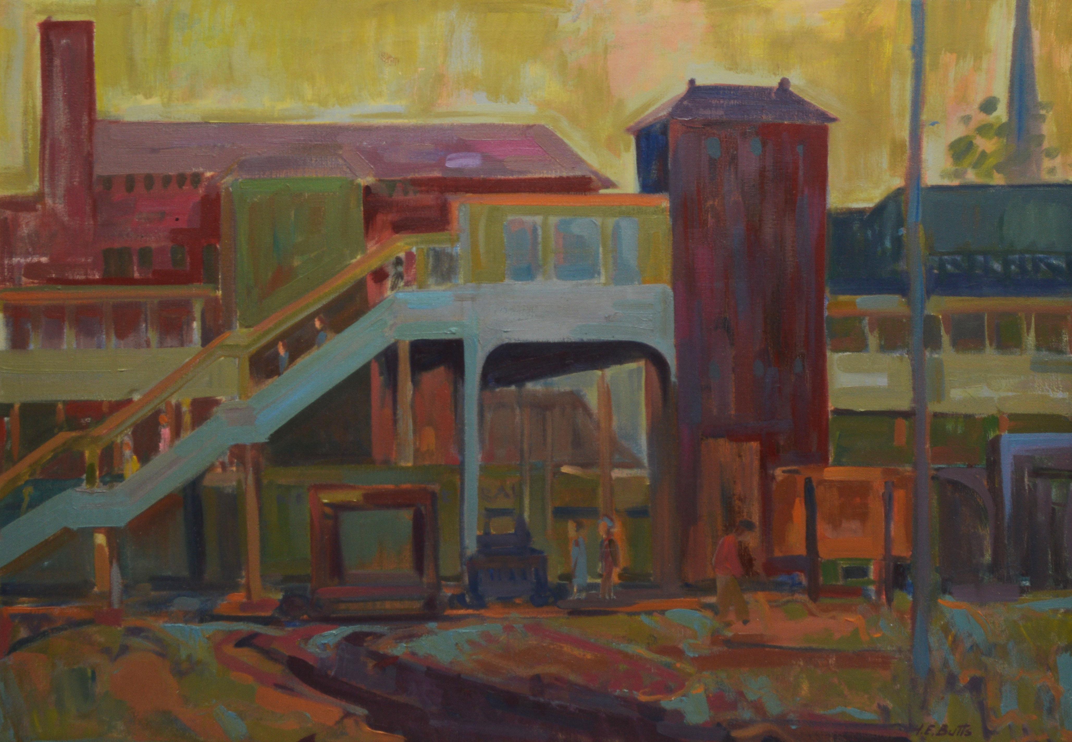 Modernes industrielles Güterbahnhof-abstraktes Stadtbild-Ölgemälde von HE Butts (Braun), Landscape Painting, von H. E. Butts