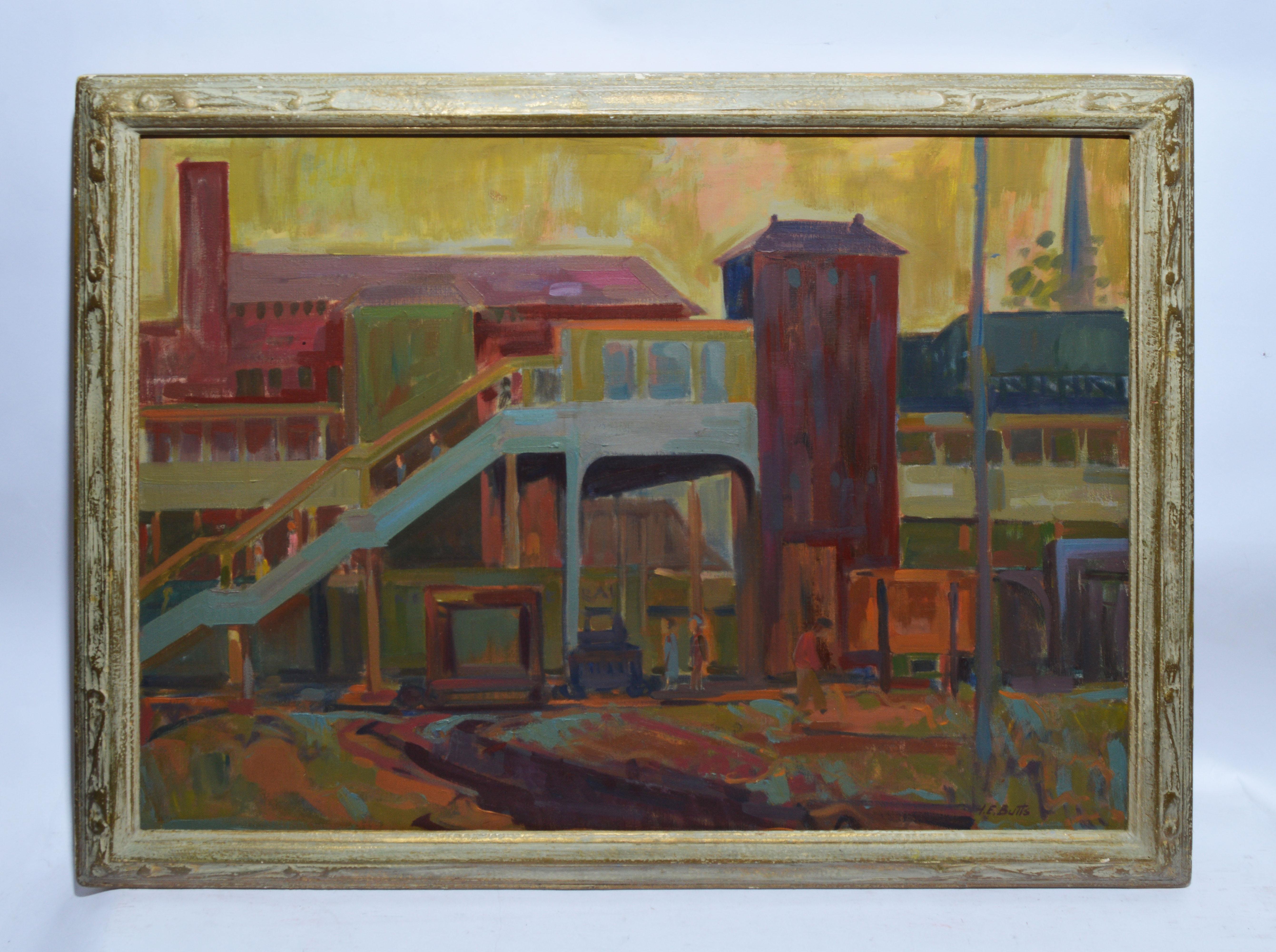 Modernes industrielles Güterbahnhof-abstraktes Stadtbild-Ölgemälde von HE Butts – Painting von H. E. Butts