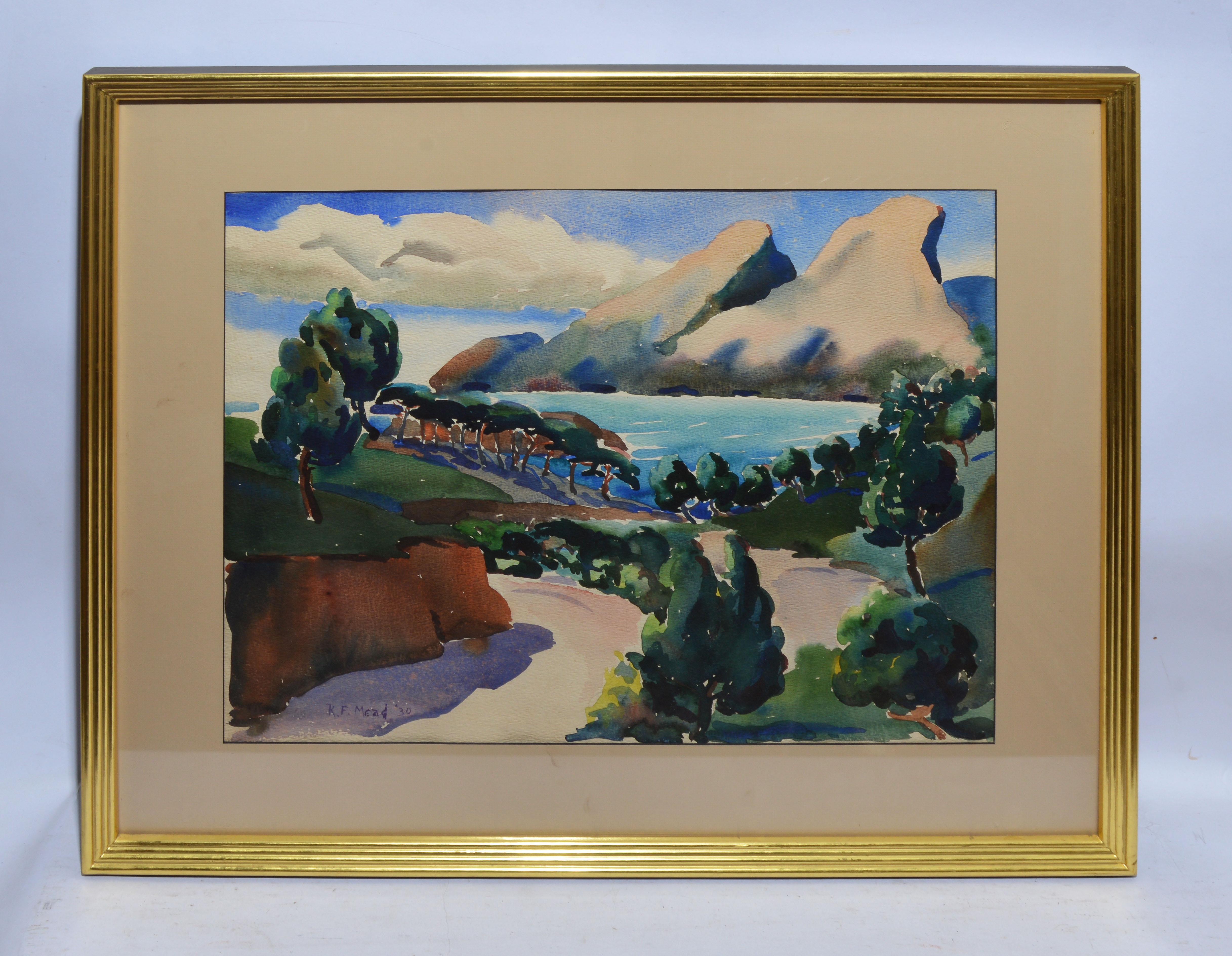 Antique impressionist painting of a tropical landcape by Roderick Mead  (1900 - 1971).  Watercolor on board, circa 1930.  Signed.  Displayed in a period giltwood frame.  Image, 22
