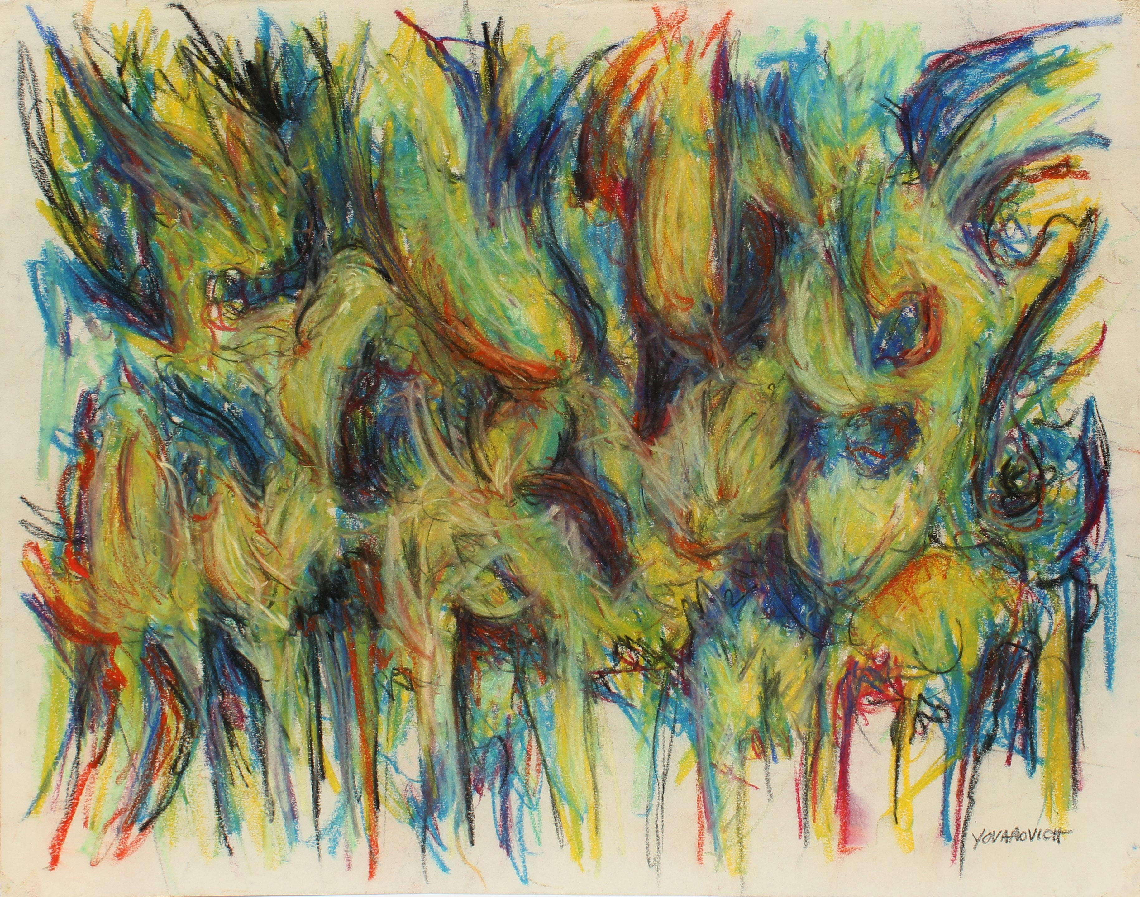 Mid-Century Modern abstract oil pastel drawing by American artist Toma Tovanovich (1931- 2016).   

The paper size is 17