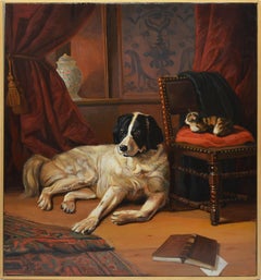 "Friends" Vintage Interior Oil Painting with a Dog and Cat by André de Moller
