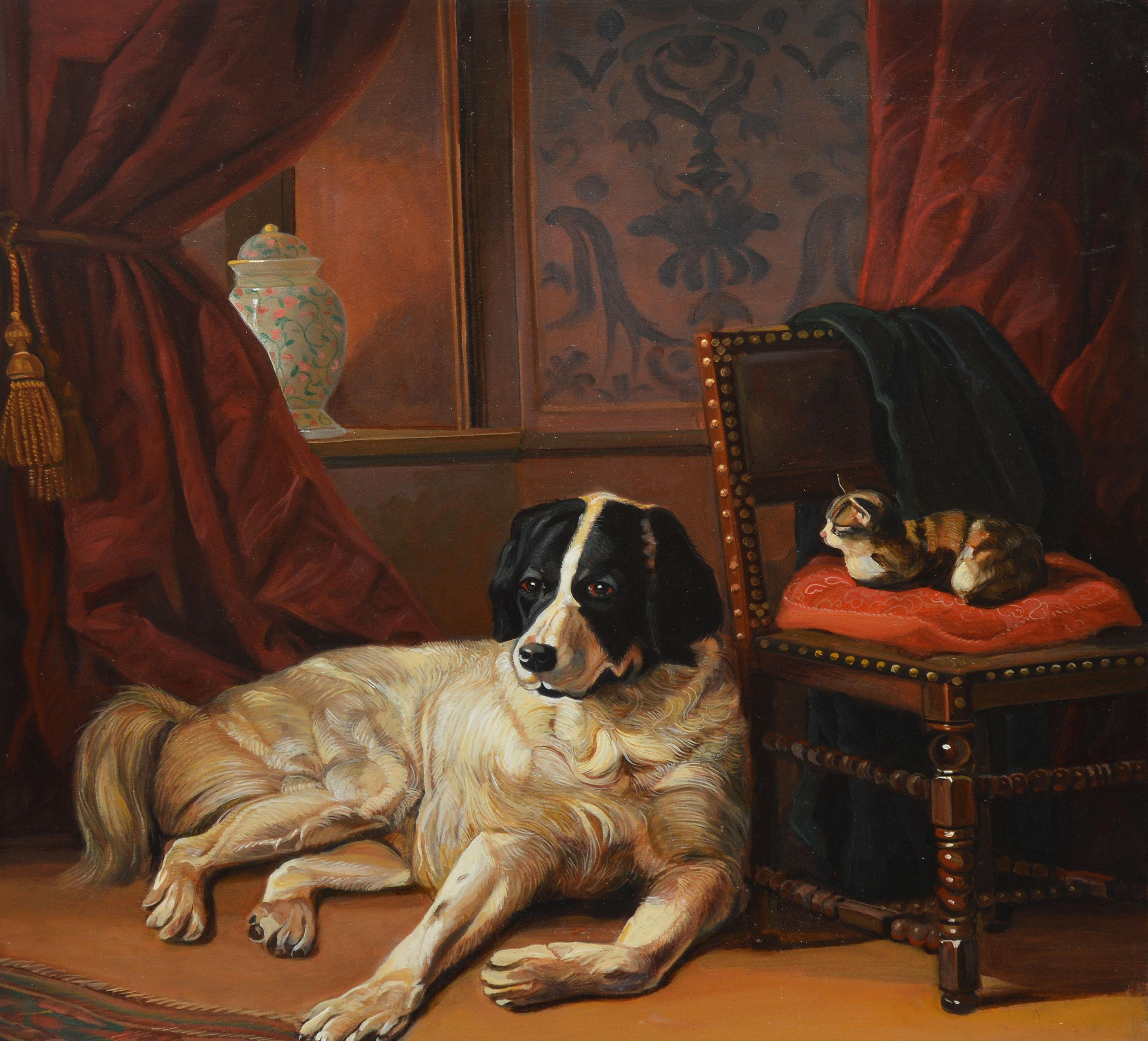 Vintage interior view with a cat and dog by André de Moller.  Oil on canvas, circa 1990.  Signed.  Displayed in a thin natural wood frame.  Image, 19.5