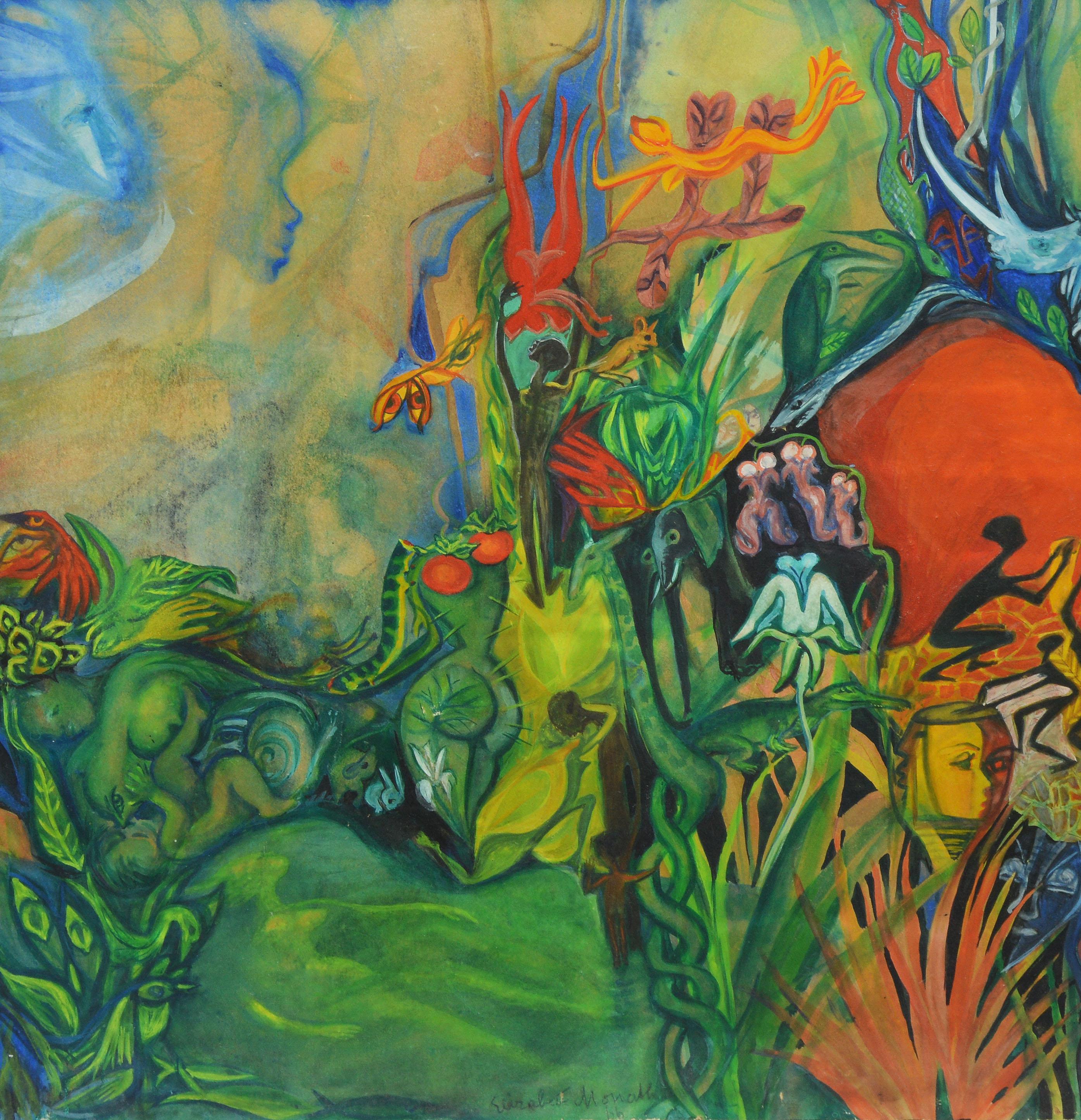 Modernist voodoo landscape by Elizabeth Monath  (1907 - 1986).  Oil on board, circa 1966.  Signed.  Displayed in a period modernist frame.  Image, 19