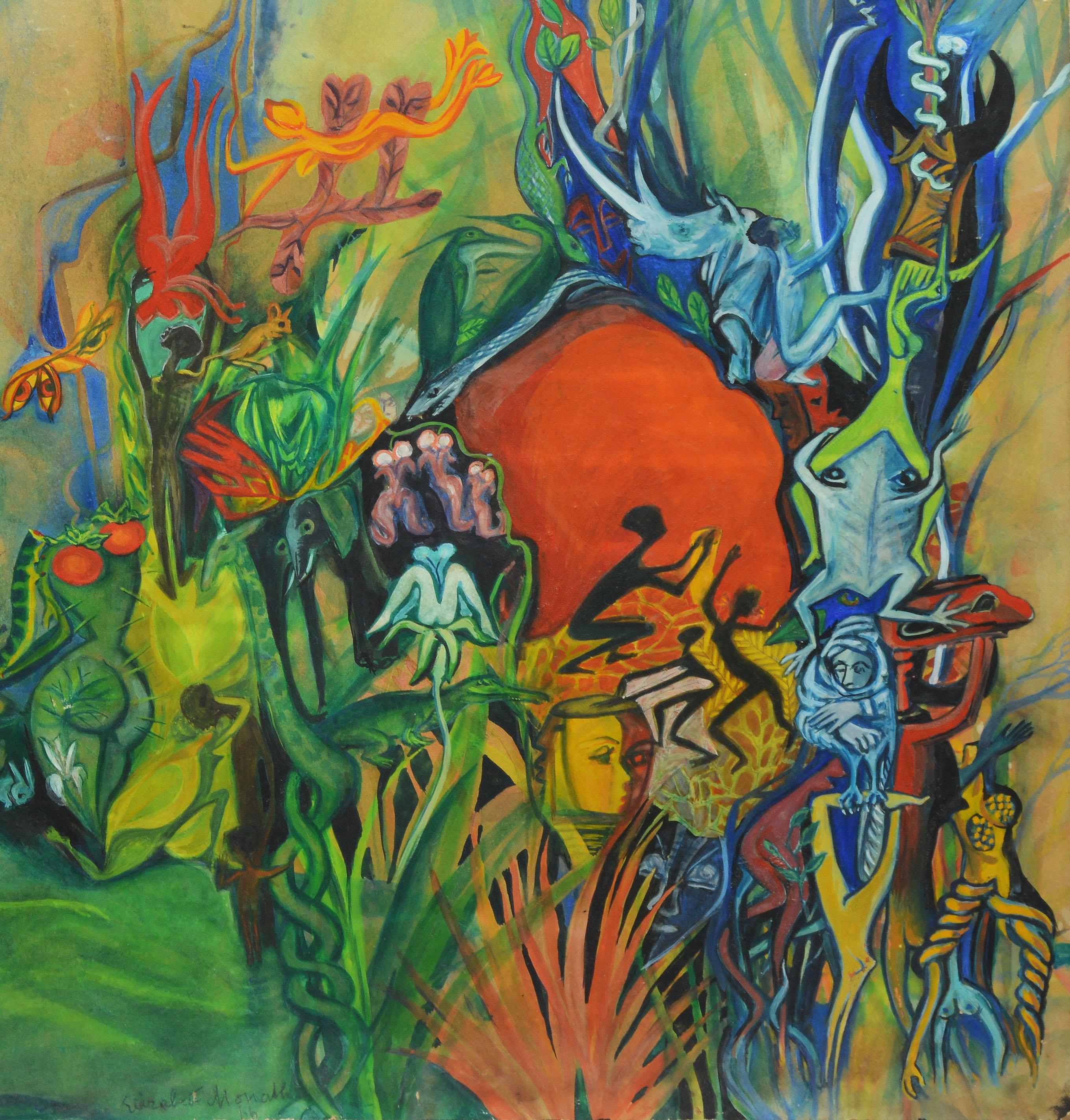 Modernist Surreal Voodoo Garden Landscape Oil Painting by Elizabeth Monath 1966 1