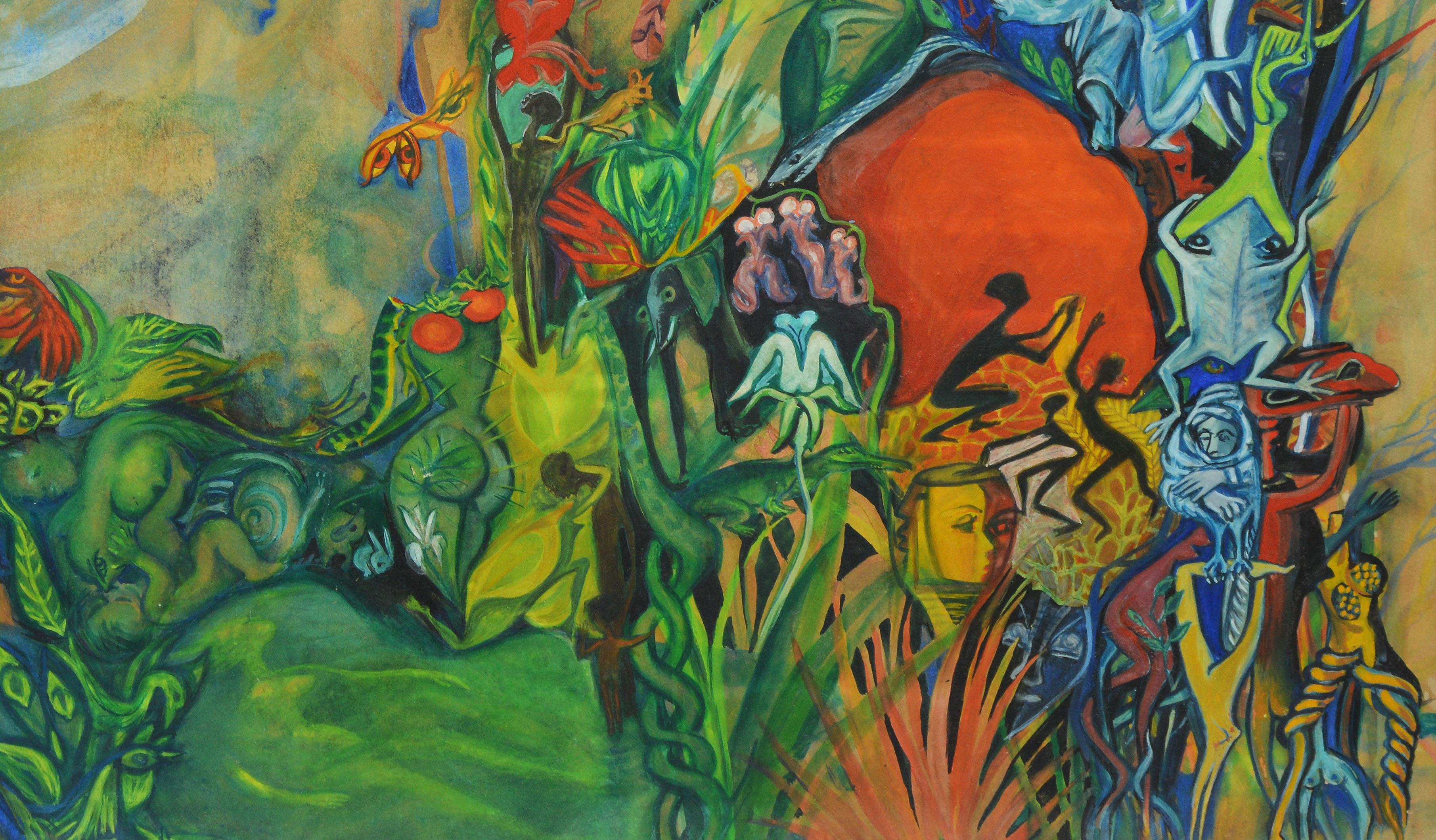 Modernist Surreal Voodoo Garden Landscape Oil Painting by Elizabeth Monath 1966 2