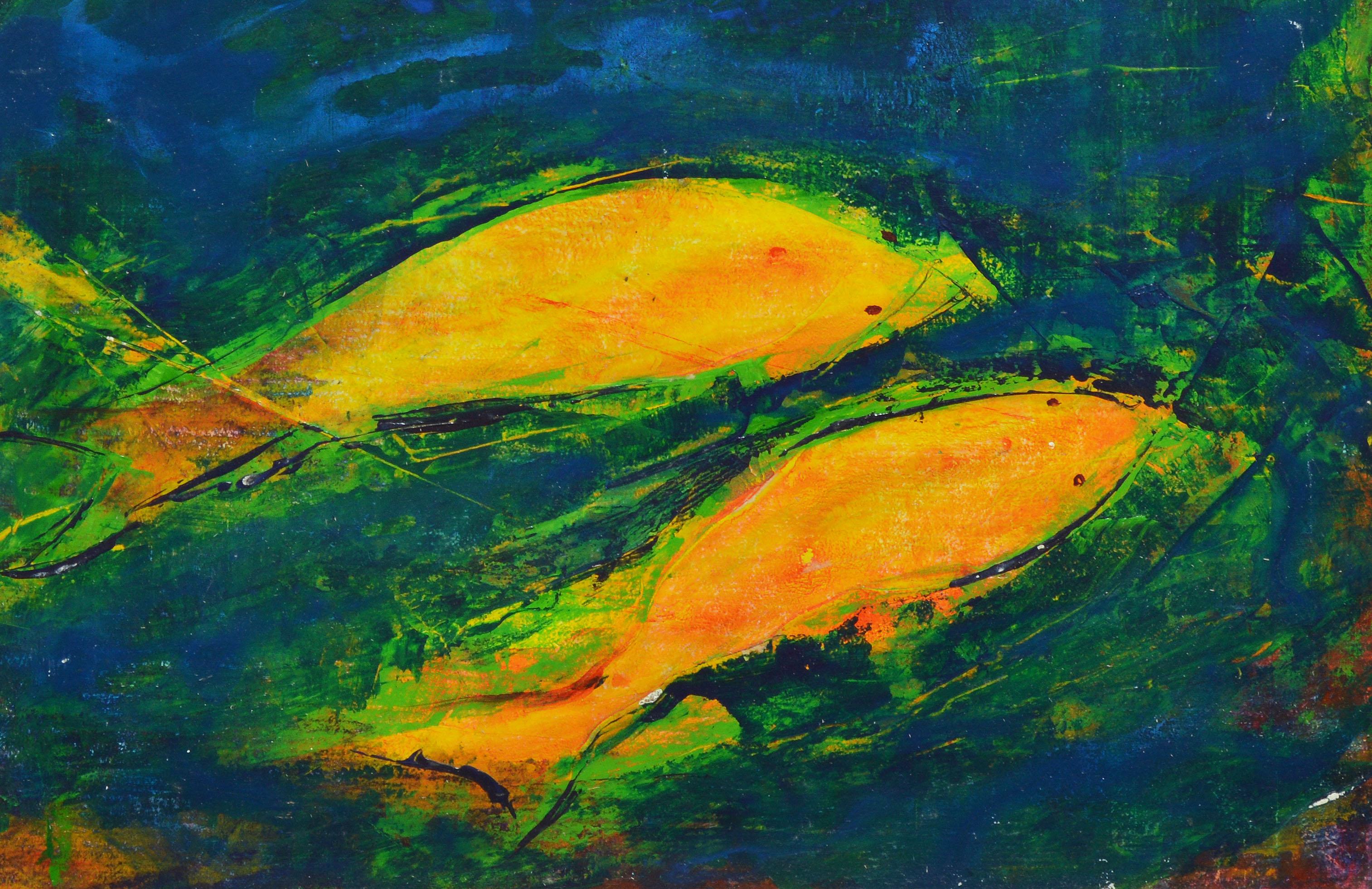 Vintage abstract still life of fish by Alexandra Merker.  Oil on board, circa 1950.  Signed.  Displayed in a period wood frame.  Image, 16