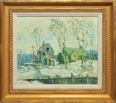 American Impressionist Winter Snow Barn Landscape Oil Painting by Loretta Feeney