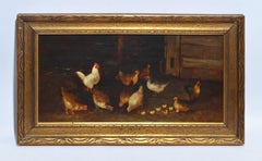 Antique American Folk Art Barn & Chicken Oil Painting by Josephine Bradstreet