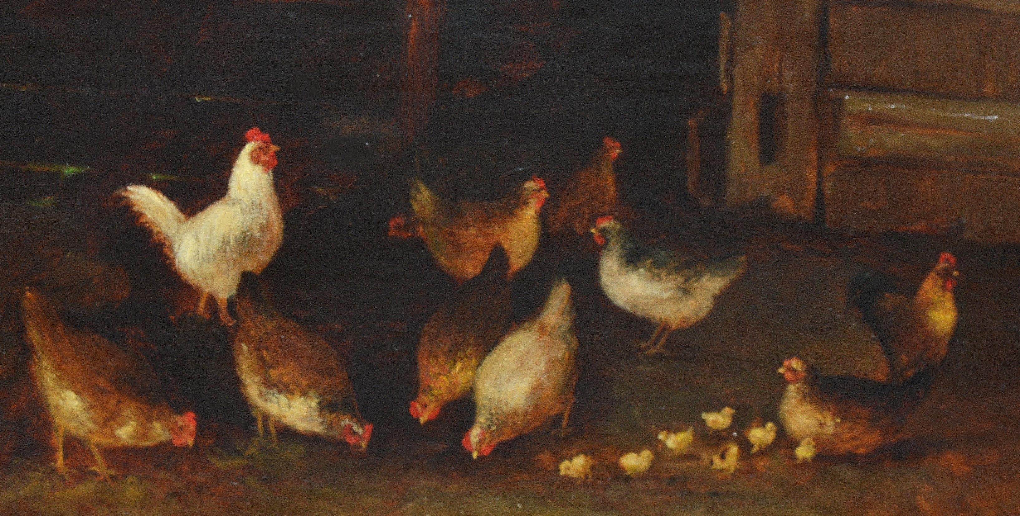 Antique folk art barnyard painting by Josephine Bradstreet  (1859 - 1920).  Oil on canvas, circa 1880.  Signed.  Displayed in a period giltwood frame.  Image, 18