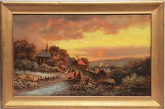 Antique Luminous Hudson River School Sunset Landscape Oil Painting, John Louis