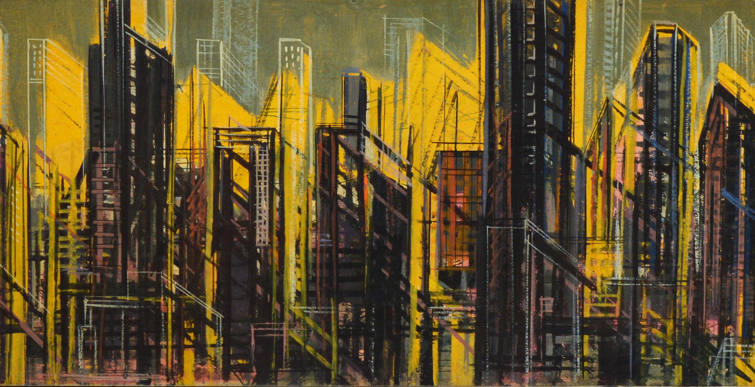 Vintage mid century modern abstracted cityscape by Edmund E Niemann  (1909 - 2005).  Oil on board, circa 1940.  Signed.  Displayed in a period modern frame.  Image, 16