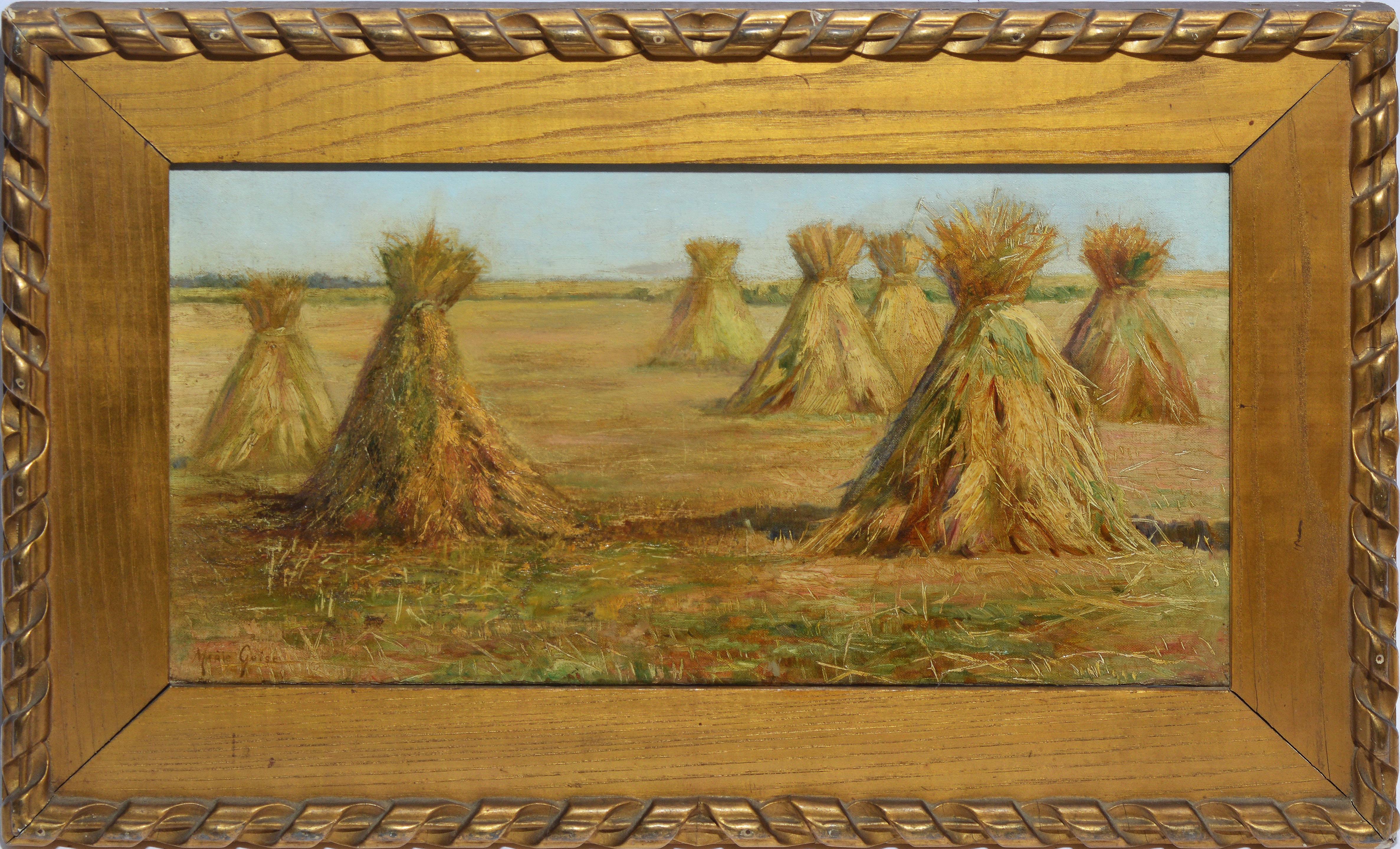 Marie H Guise Newcomb Landscape Painting - Antique American Impressionist Haystack Landscape Oil Painting by Mary Guise