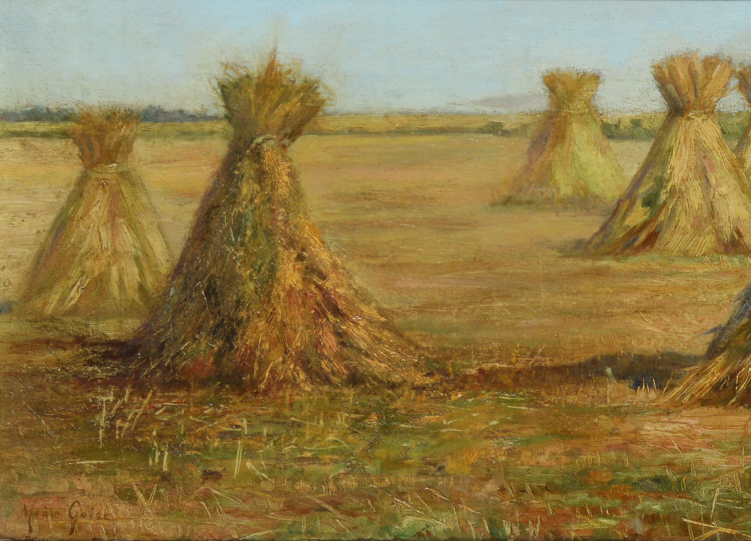 Antique American Impressionist Haystack Landscape Oil Painting by Mary Guise - Brown Landscape Painting by Marie H Guise Newcomb