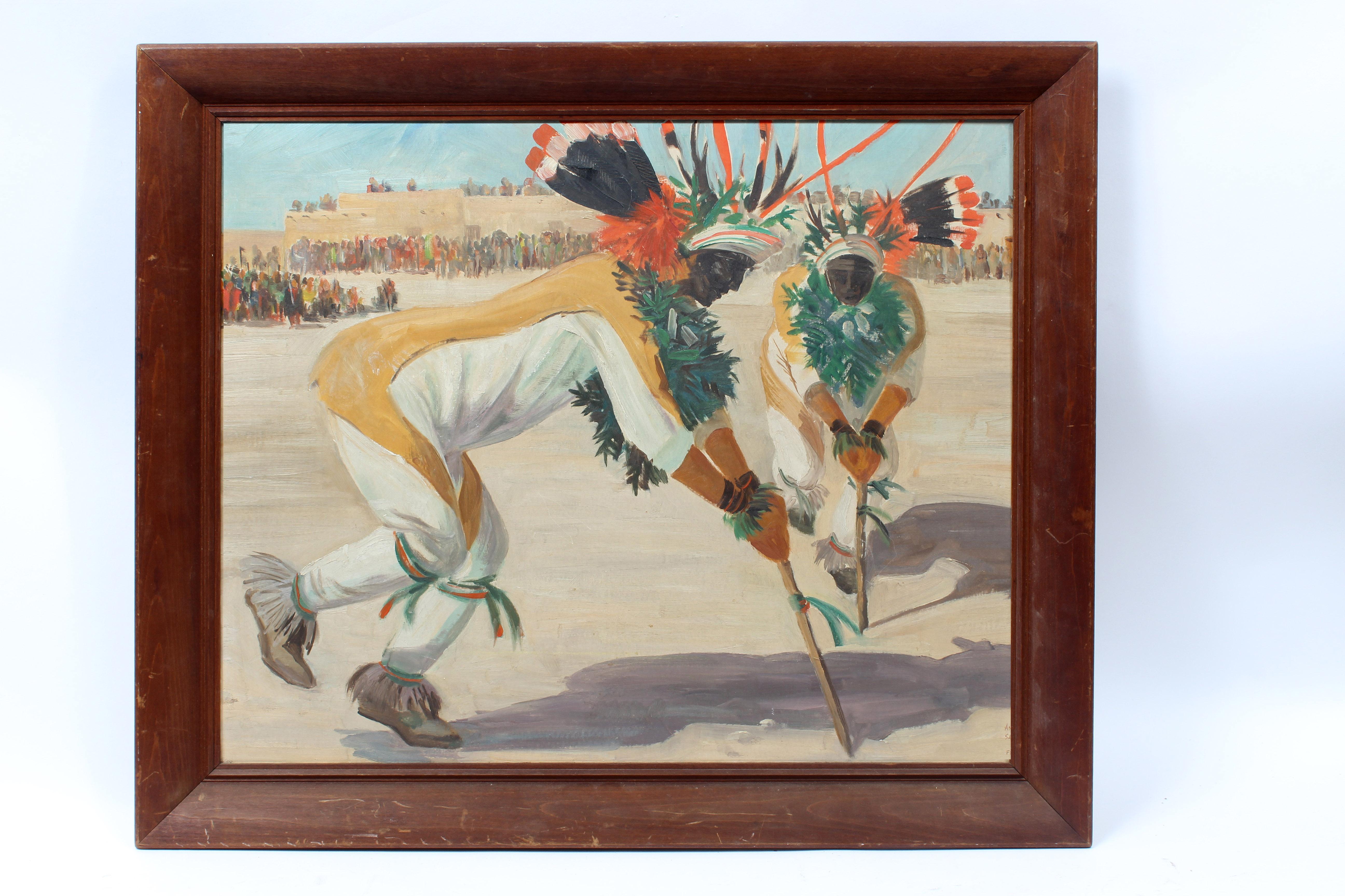 Rudolph Wedow Figurative Painting – Amerikanisches Gemälde Indigene Kunst Nord- und Südamerikas, Tanzausstellung, New Mexico, Antelope-Tänzer