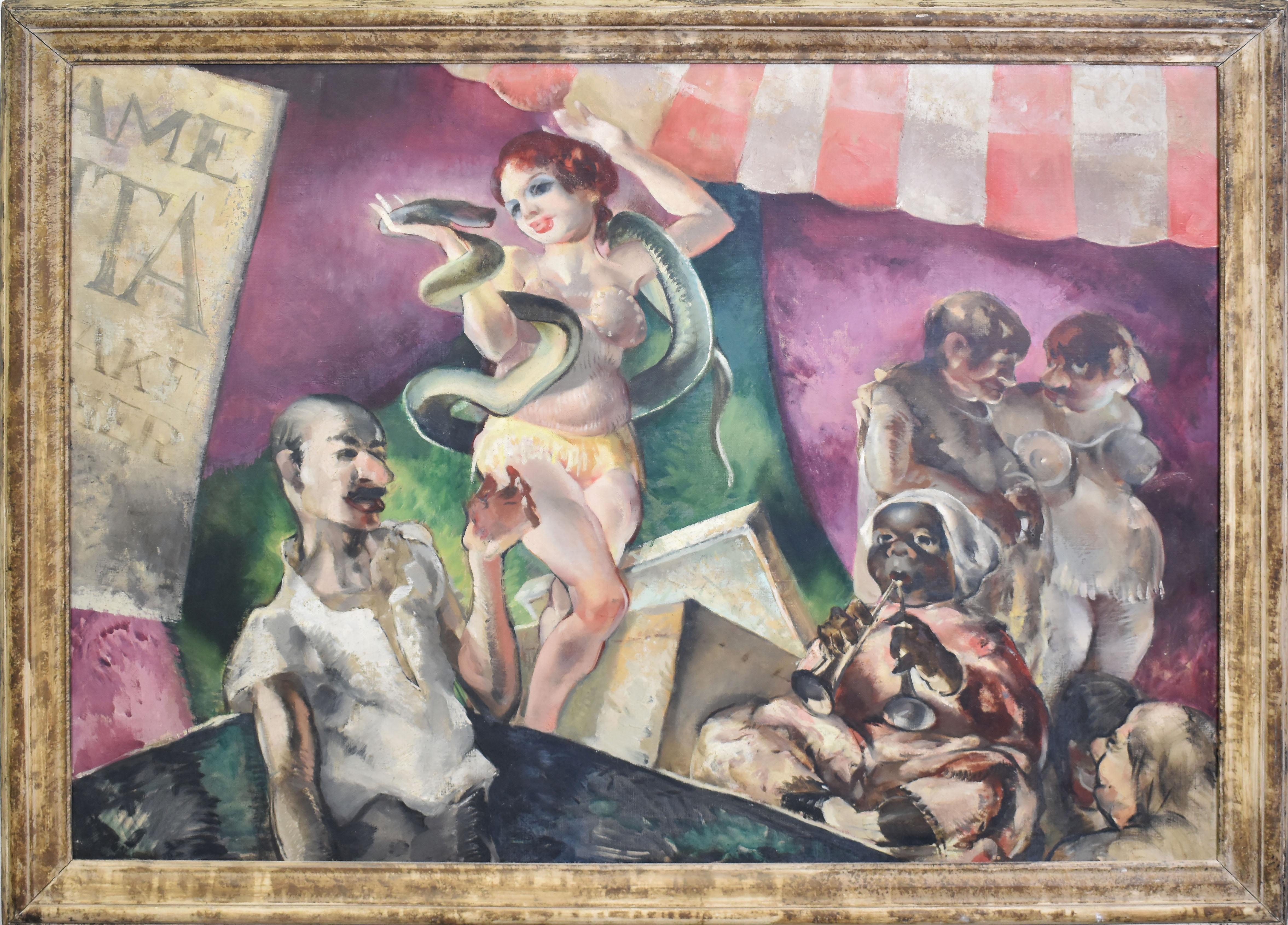 Dennis Burlingame, époque WPA, spectacle de cirque "SnakeCharmer" Peinture à l'huile originale
