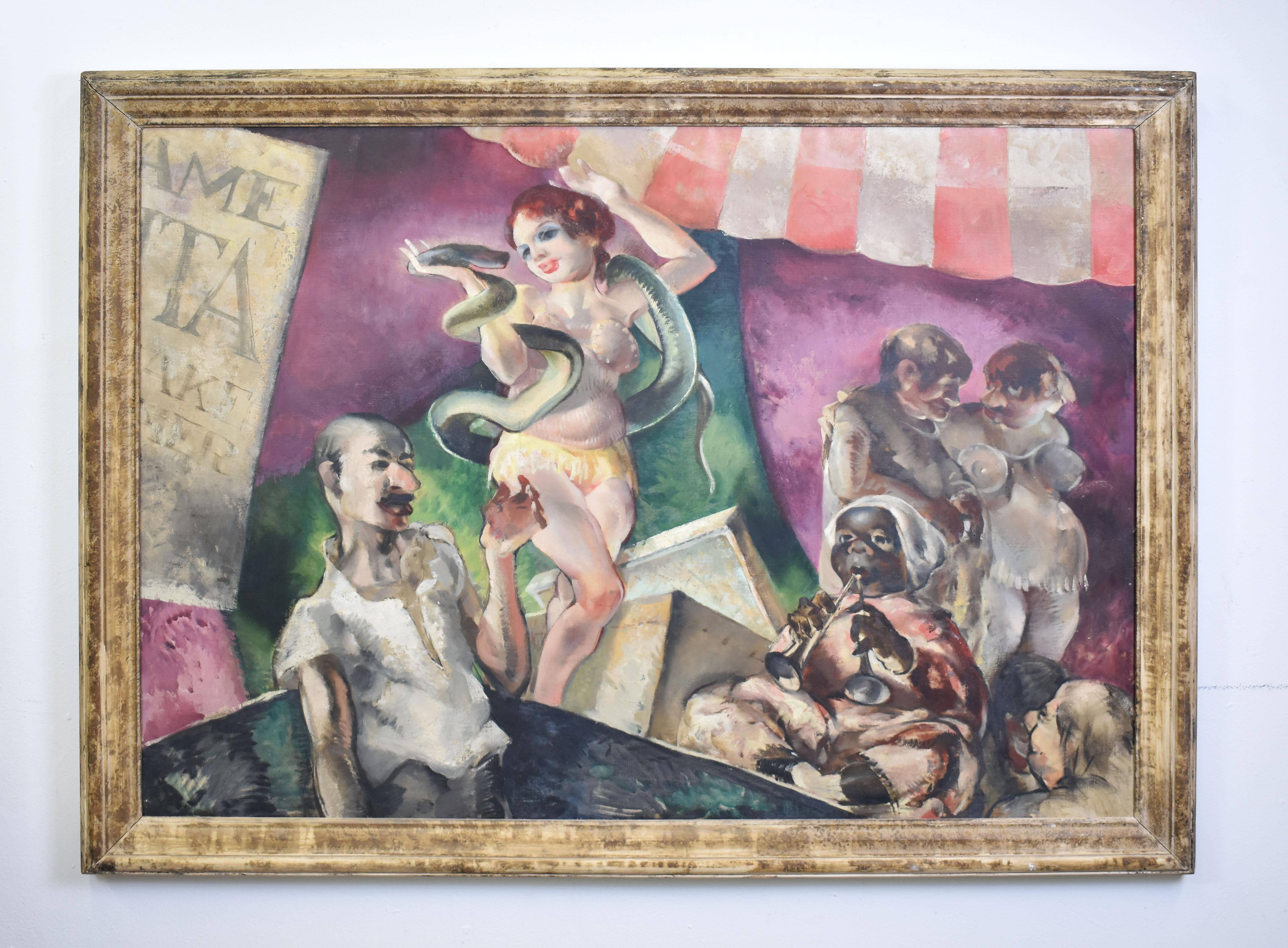 Dennis Burlingame, WPA-Ära, Zirkus-Sideshow „SnakeCharmer“, Original-Ölgemälde – Painting von Dennis Meighan Burlingame