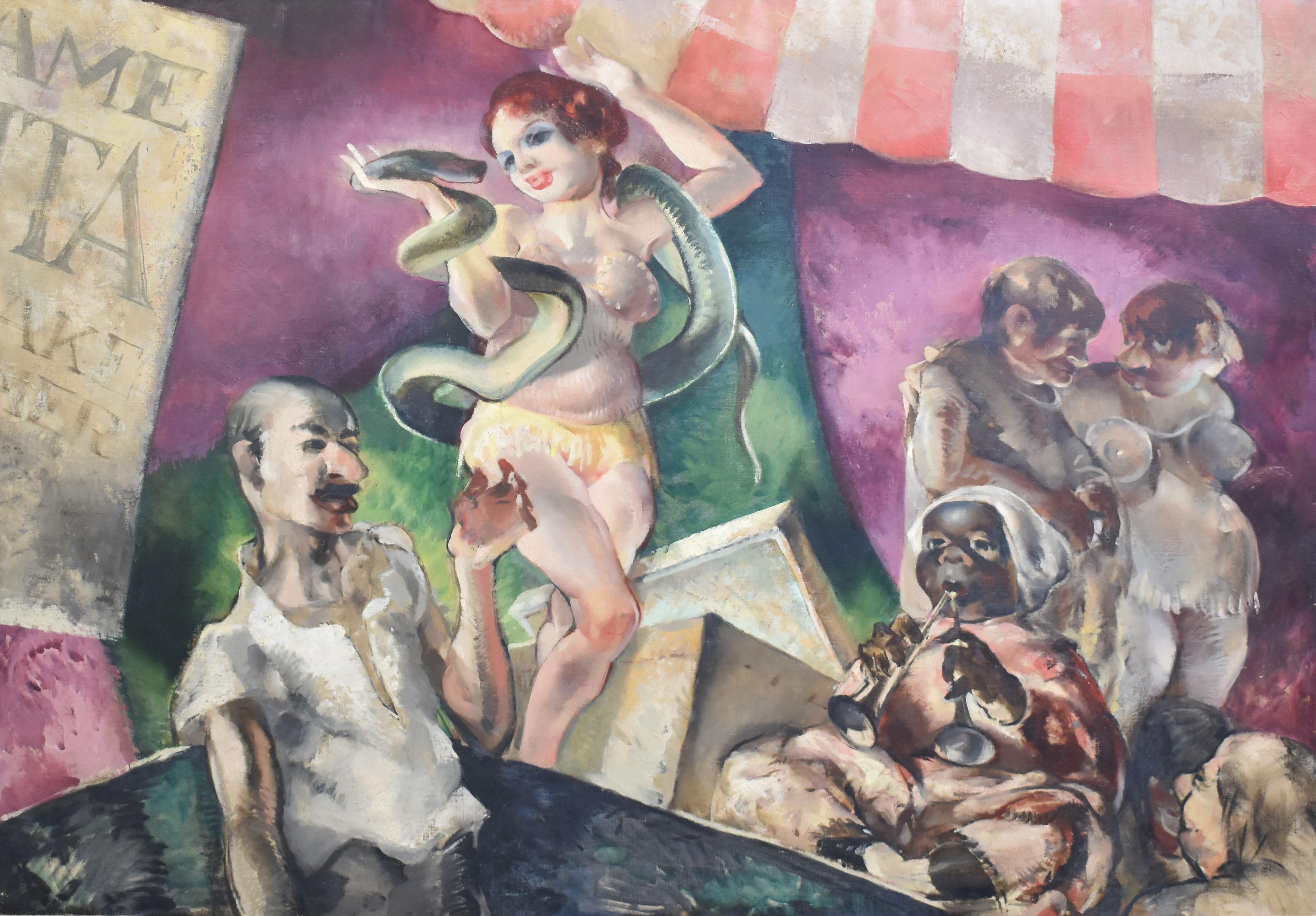 Dennis Burlingame, WPA-Ära, Zirkus-Sideshow „SnakeCharmer“, Original-Ölgemälde (Moderne), Painting, von Dennis Meighan Burlingame