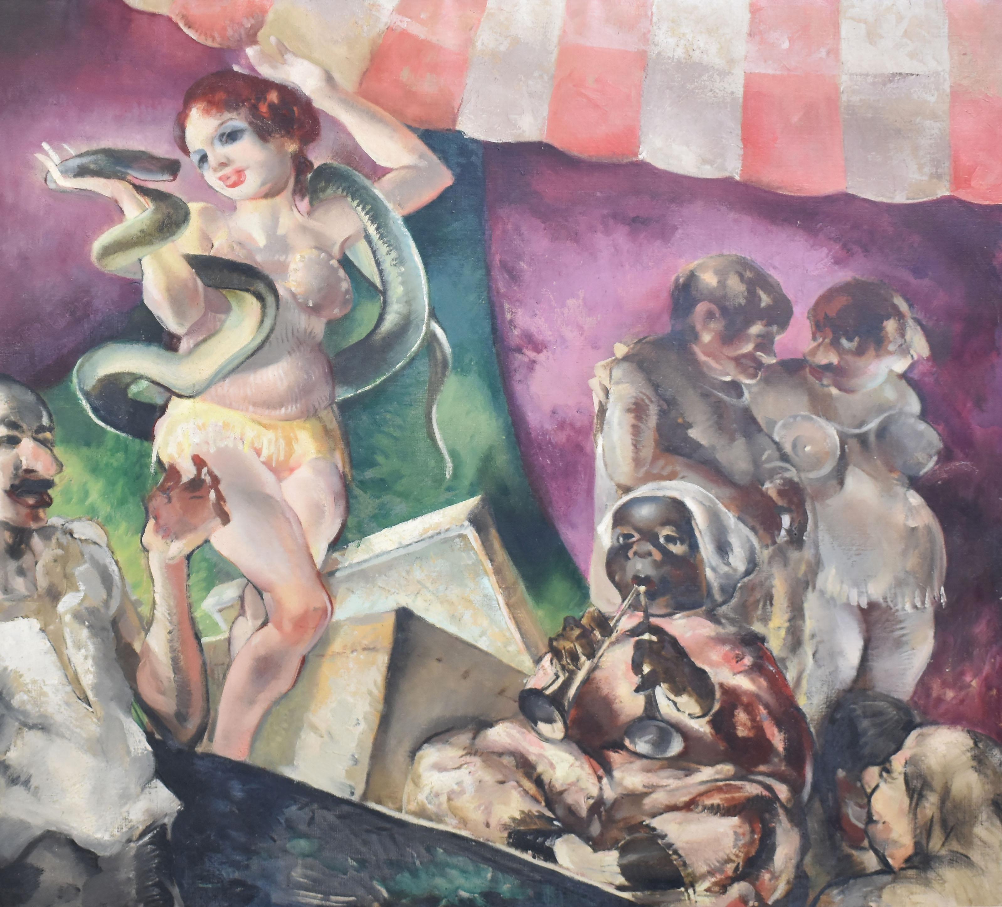 Antique American modernist painting of a circus by Dennis Meighan Burlingame  (1901 - 1964).  Oil on canvas, circa 1935.  Signed on verso.  Displayed in a period modern frame.  Image size, 48