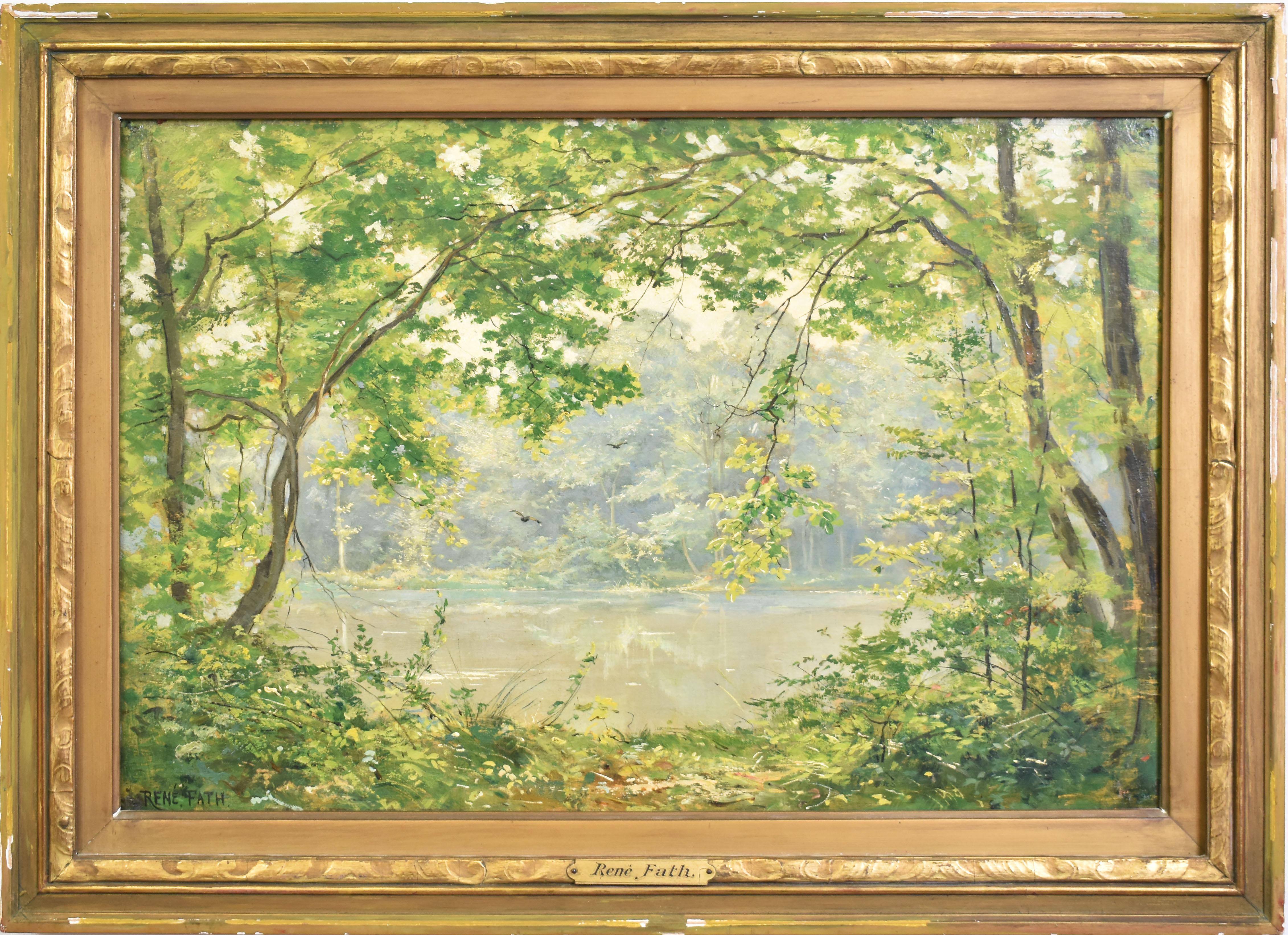 René Maurice Fath Landscape Painting - Antique Barbizon School Impressionist River Landscape Oil Painting by Rene Fath
