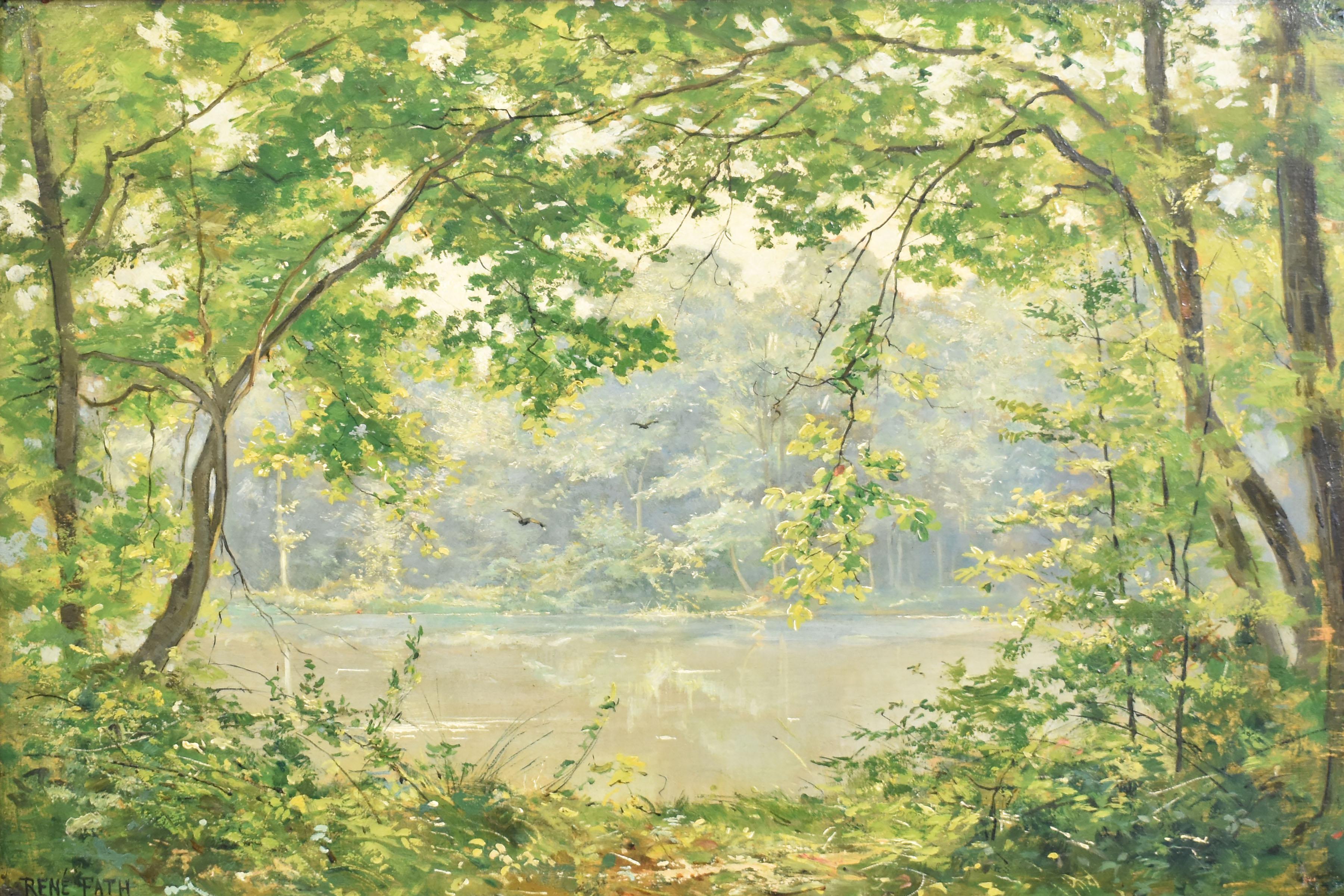 Antique Barbizon School Impressionist River Landscape Oil Painting by Rene Fath - Brown Landscape Painting by René Maurice Fath