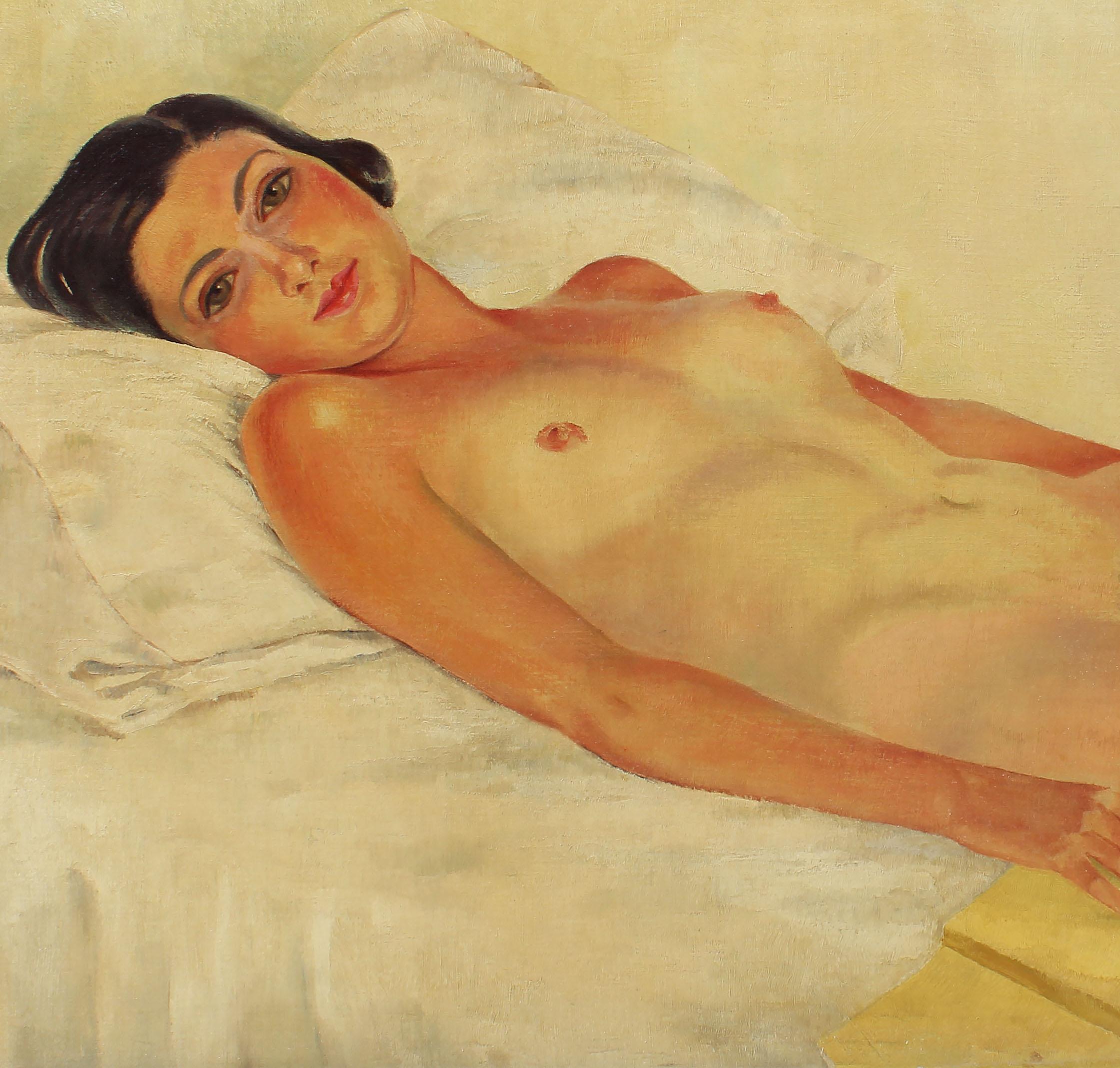 Liegender Akt:: weibliches Porträt:: Ölgemälde von Charles Baskerville Capri:: Italien (Beige), Nude Painting, von Charles Baskerville Jr.