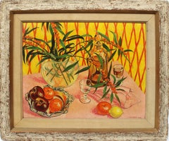 Antique Modernist Flower & Fruit Still Life Oil Painting by Charles Baskerville