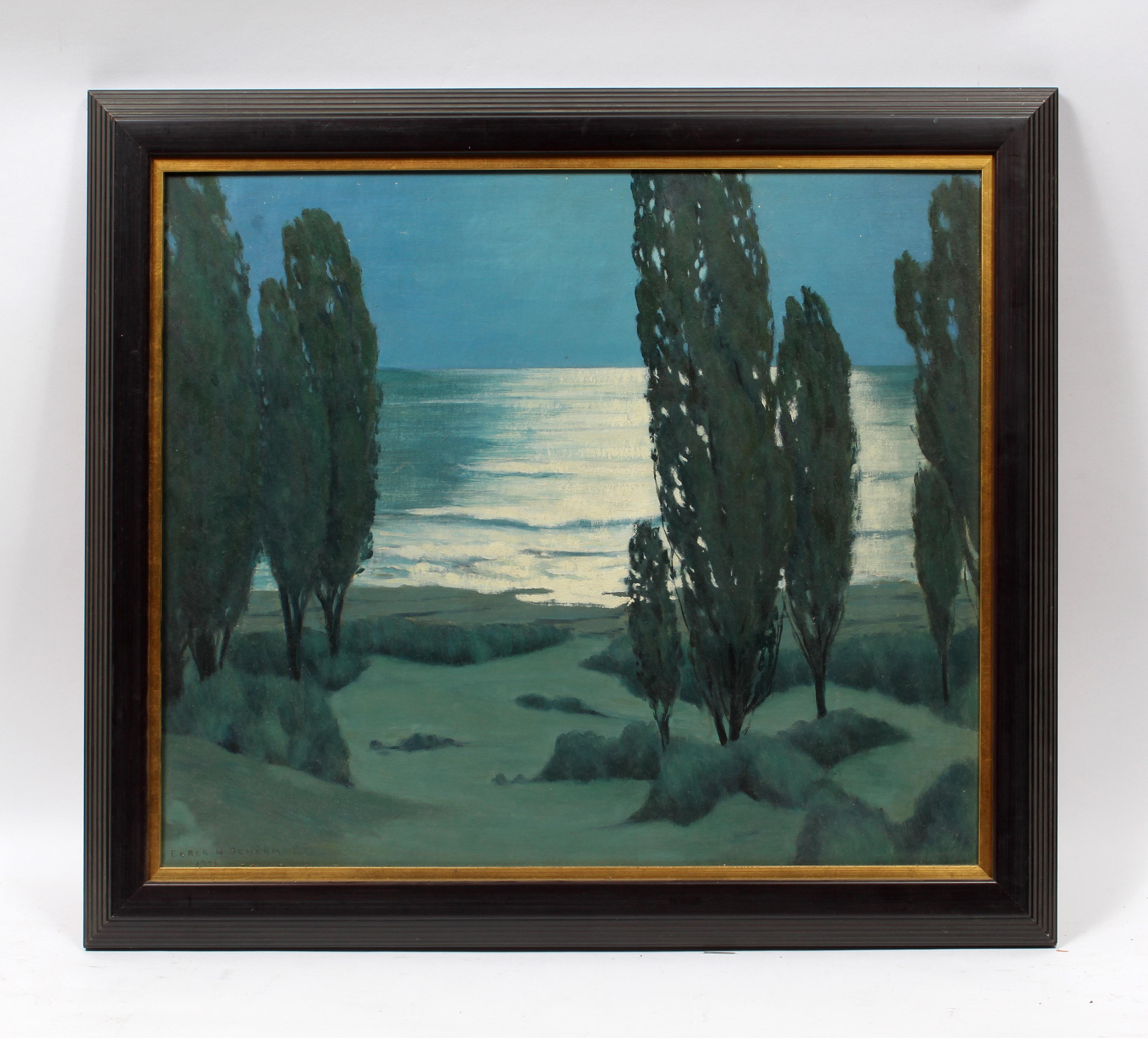 An original oil painting by American artist Earl Sherm depicting a nocturnal view of Lake Erie.

This work comes framed which enhances the presentation on the wall.