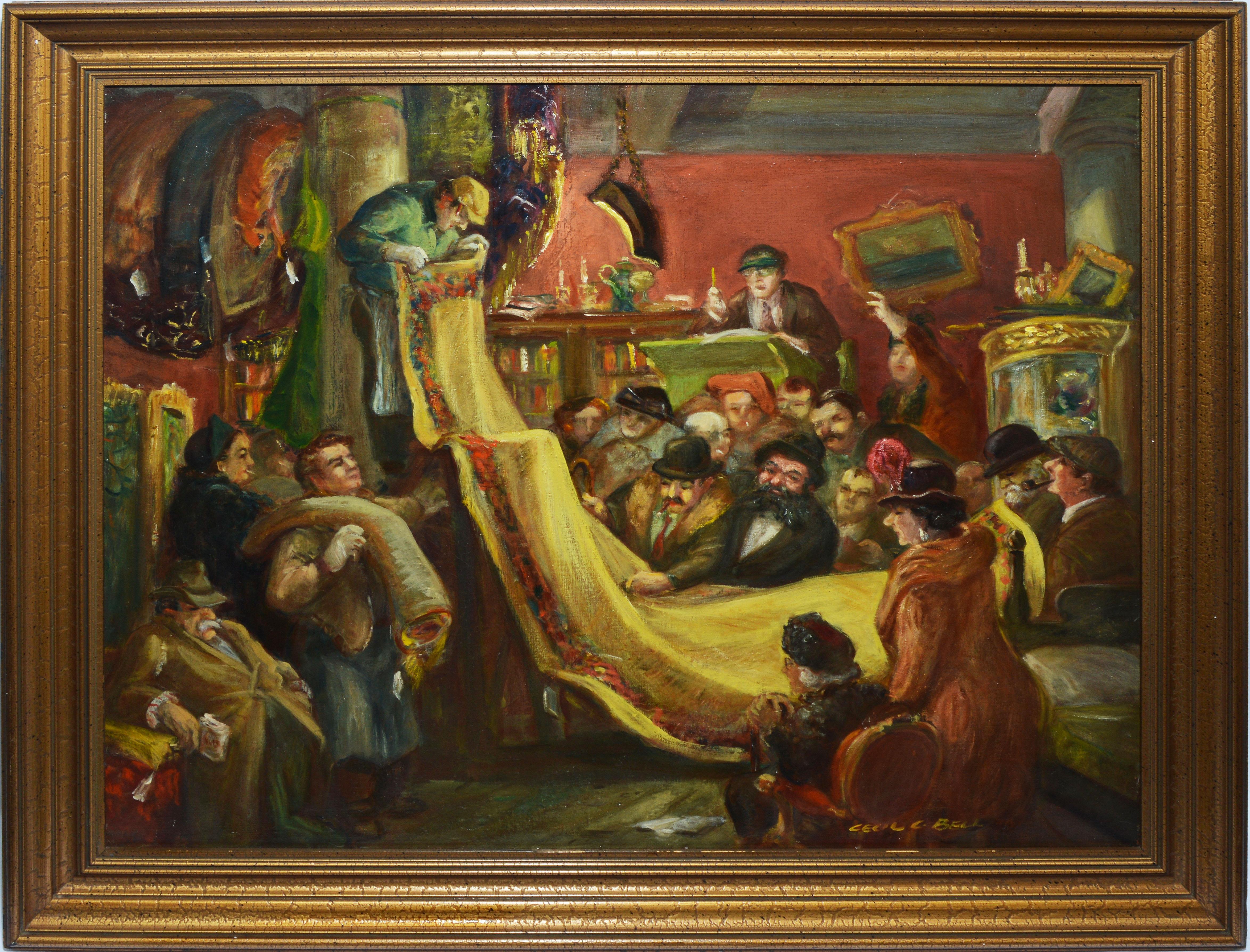 Antique American Oil Painting, "At The Auction" by Cecil Bell