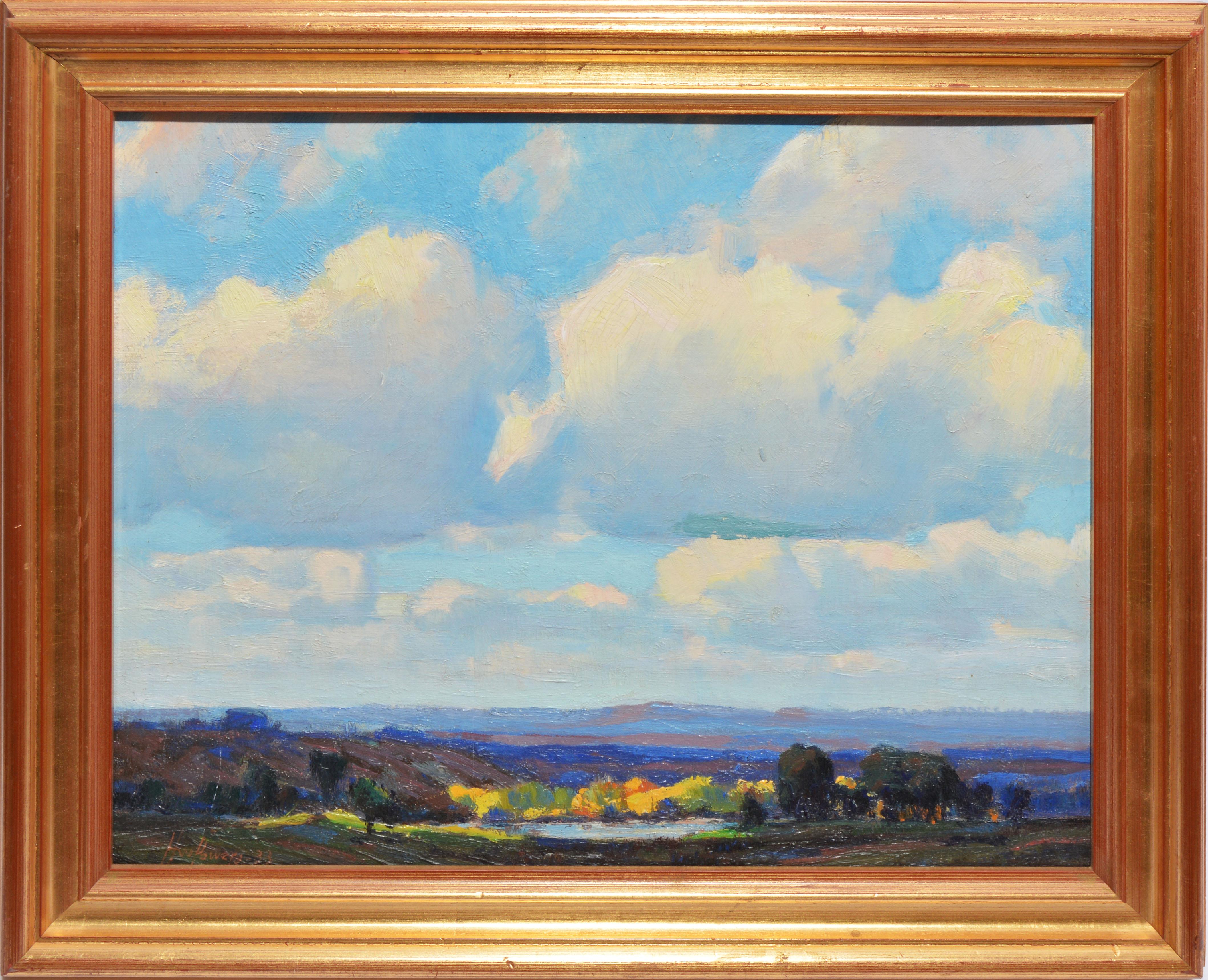 Harry William Powers Landscape Painting – Antique American Impressionist Panoramic Landscape Oil Painting by Harry Powers