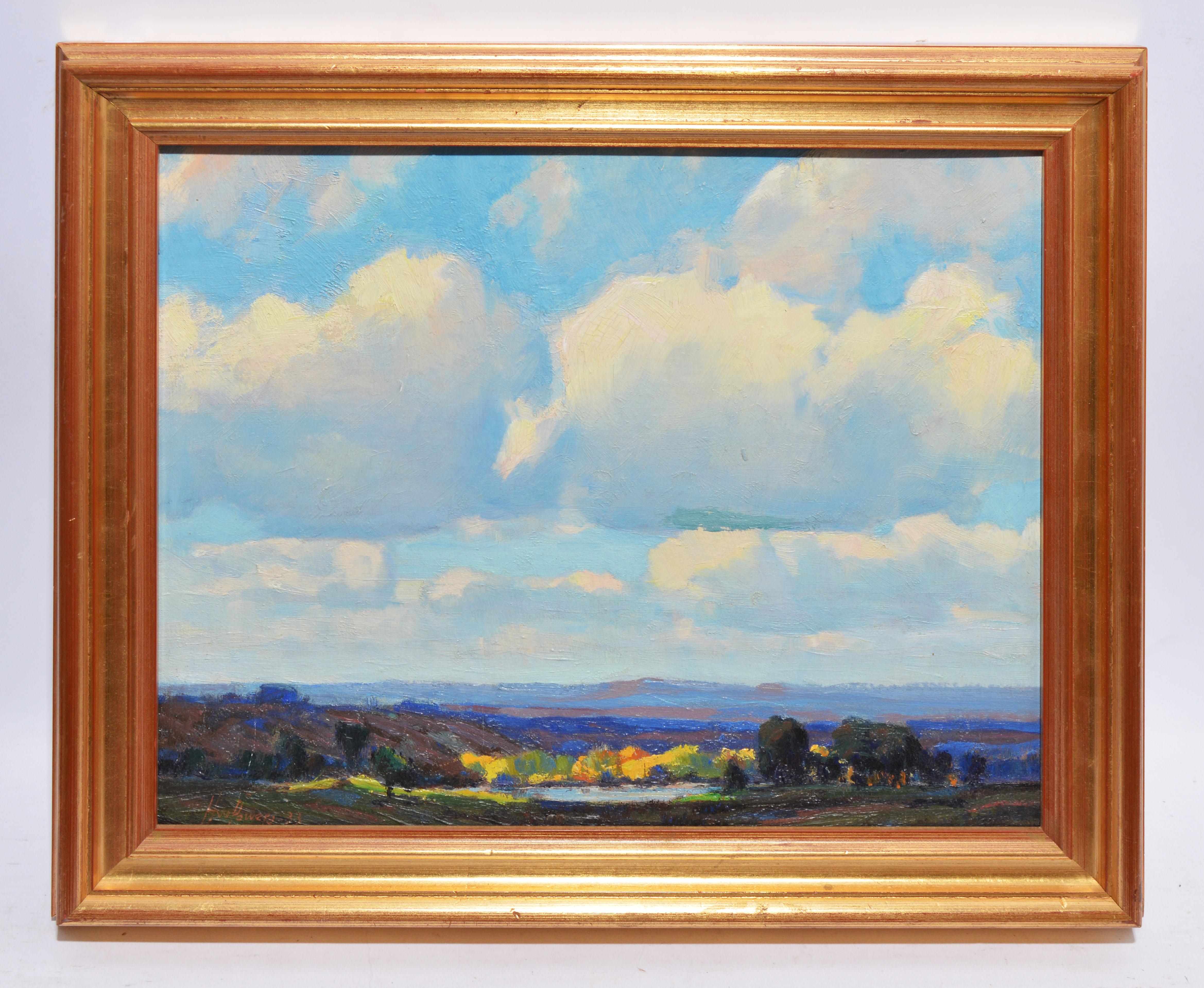 Antique American Impressionist Panoramic Landscape Oil Painting by Harry Powers (Grau), Landscape Painting, von Harry William Powers