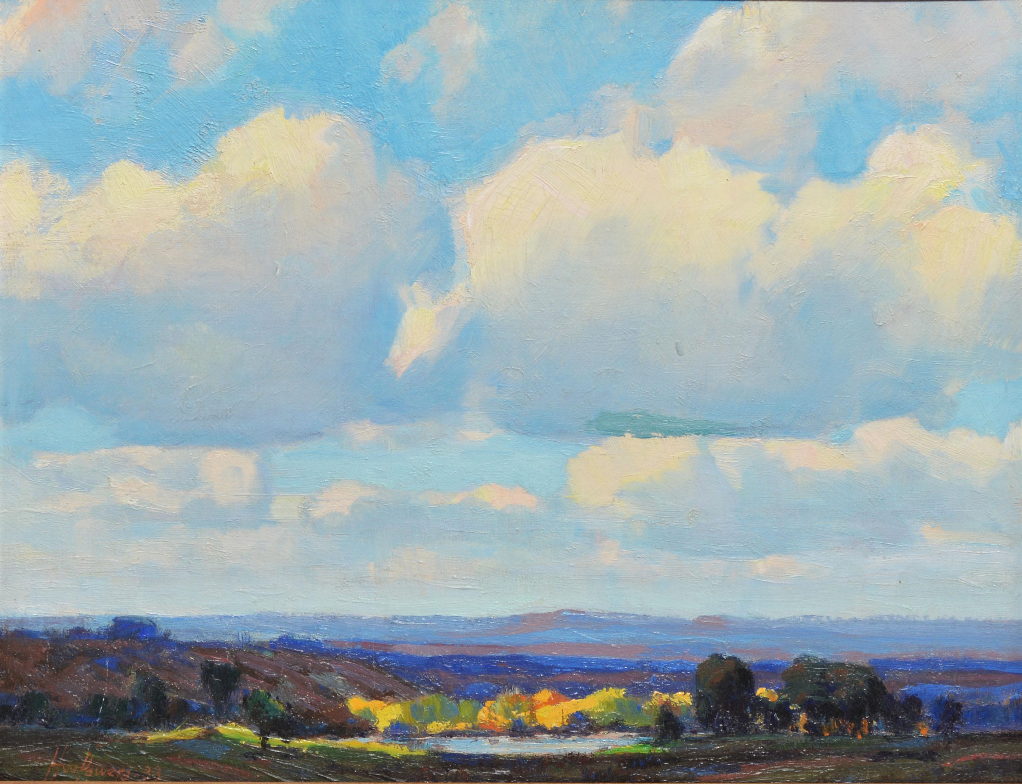 Antique impressionist view of a panoramic landscape by Harry William Powers  (1880 - 1957).  Oil on board, circa 1933.  Signed.  Displayed in a giltwood frame.  Image, 15.5
