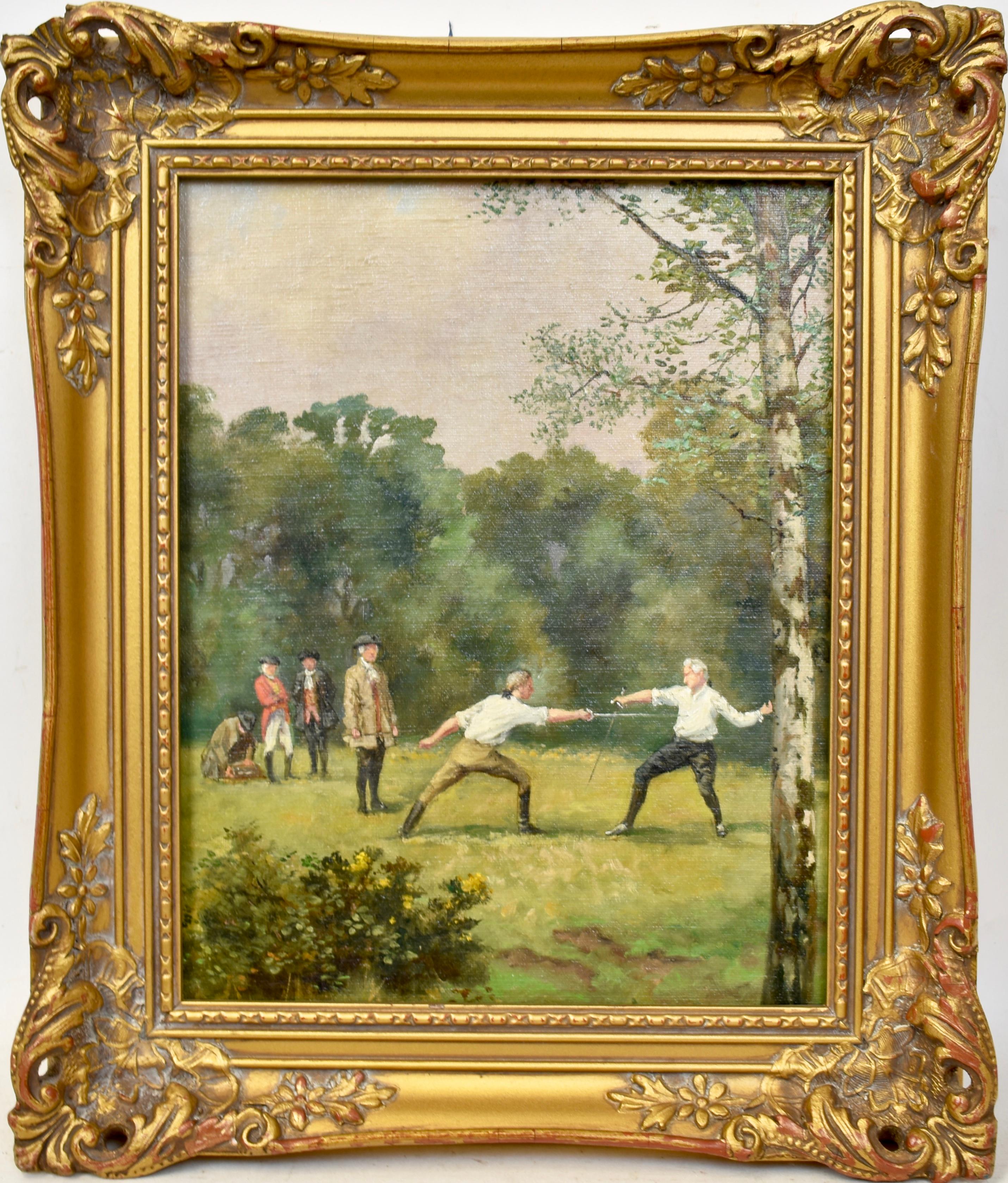 George Derville Rowlandson  (1861 - 1928) Landscape Painting - Antique English Sporting Art, Fencing in the Woods, Original Rare Oil Painting