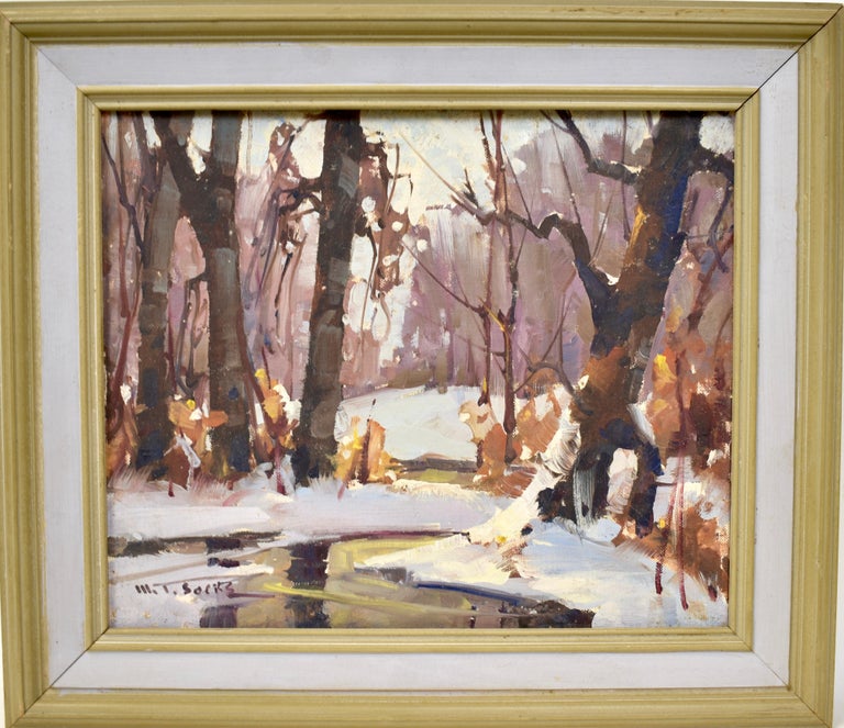 Walter Sacks Landscape Painting - Walter T Sacks Antique Impressionist New York Winter Snow Landscape Oil Painting