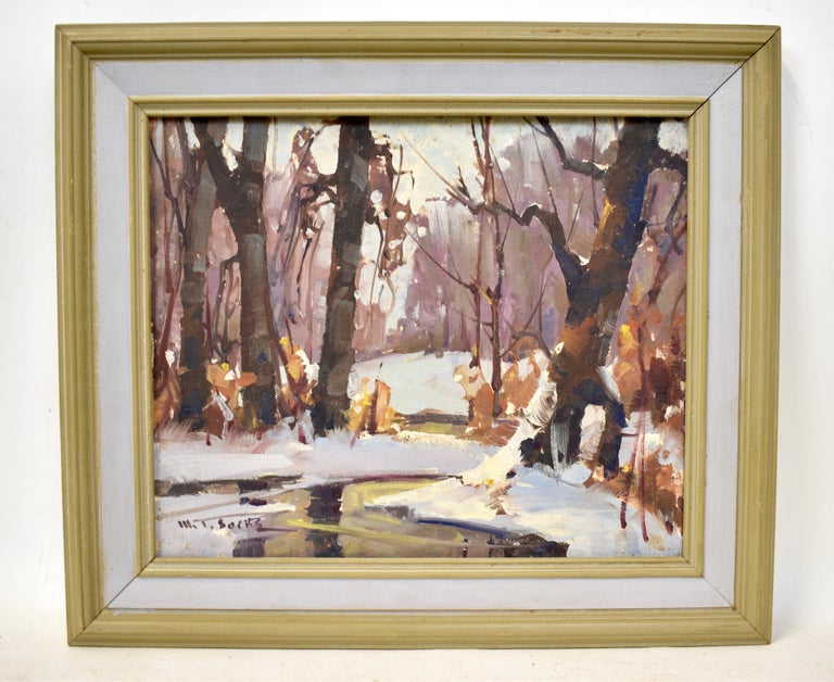 Walter T Sacks Antique Impressionist New York Winter Snow Landscape Oil Painting - Brown Landscape Painting by Walter Sacks