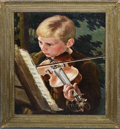 The Violin Lesson, Antique Portrait Oil Painting of a Young Man by Paul Rink