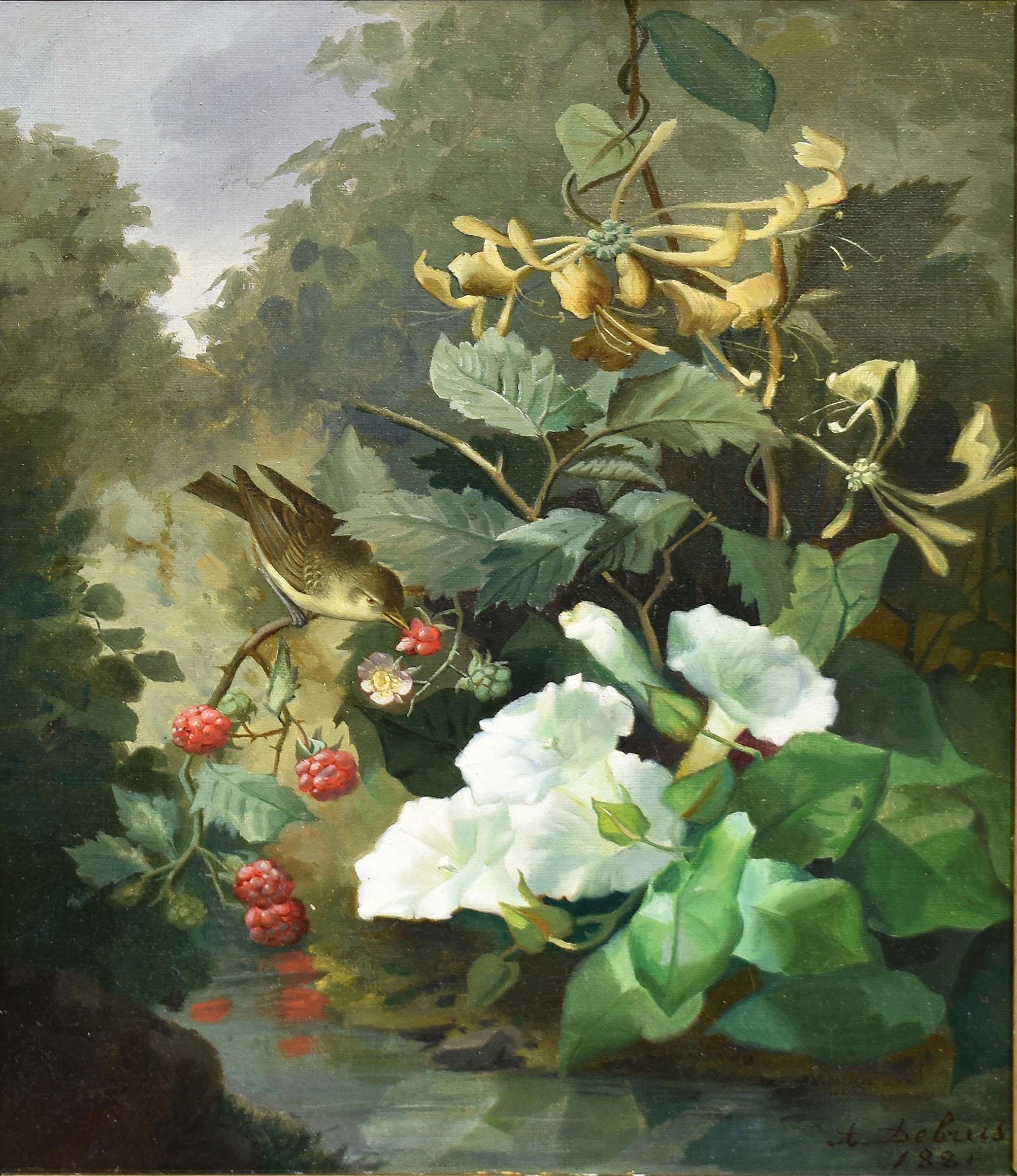 French Nature Study Birds and Berries Still Life Landscape by Alexandre Debrus 2