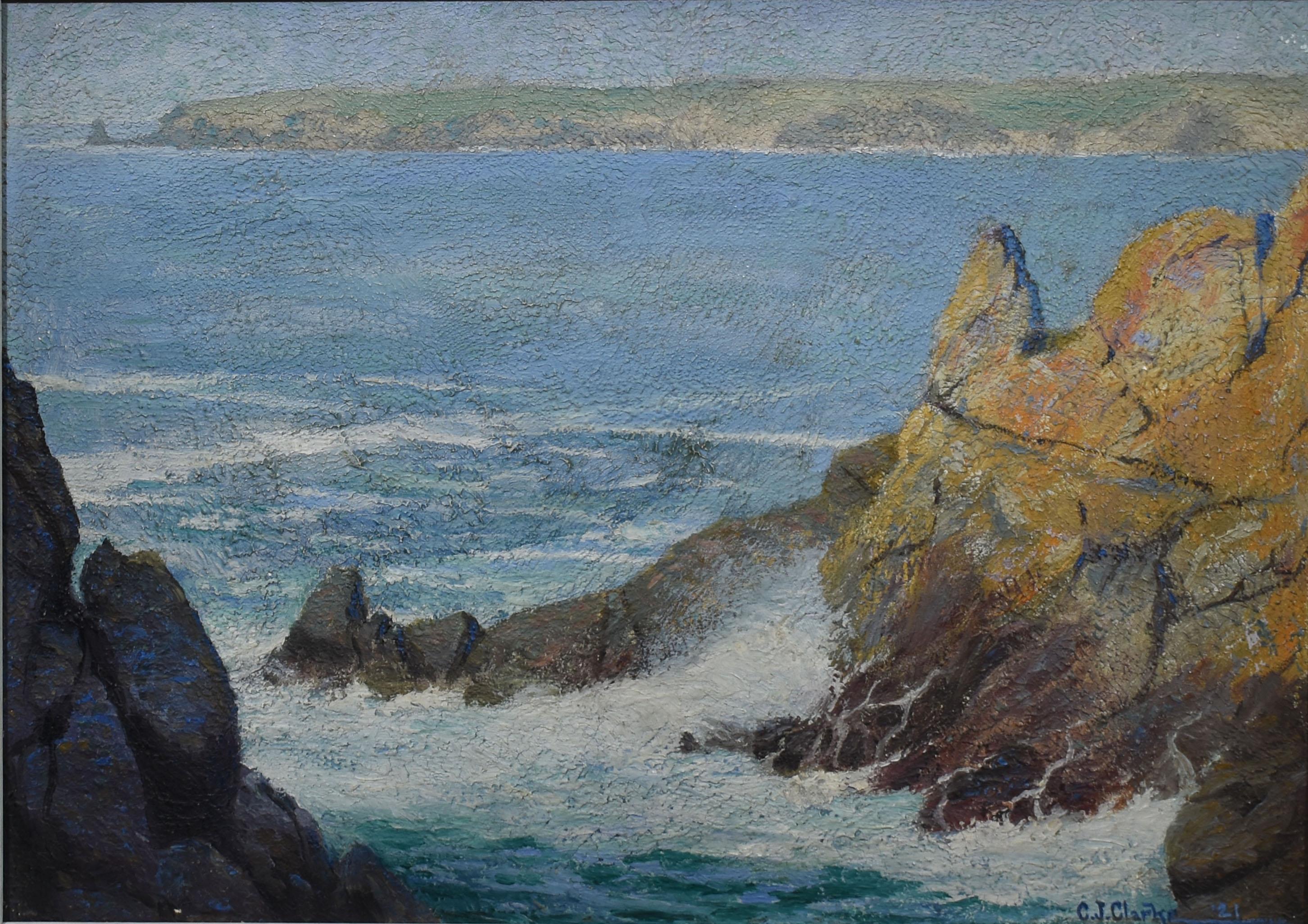 California Impressionist Coastal Ocean Seascape Oil Painting, Charles Clarke '21 - Gray Landscape Painting by Charles John Clarke