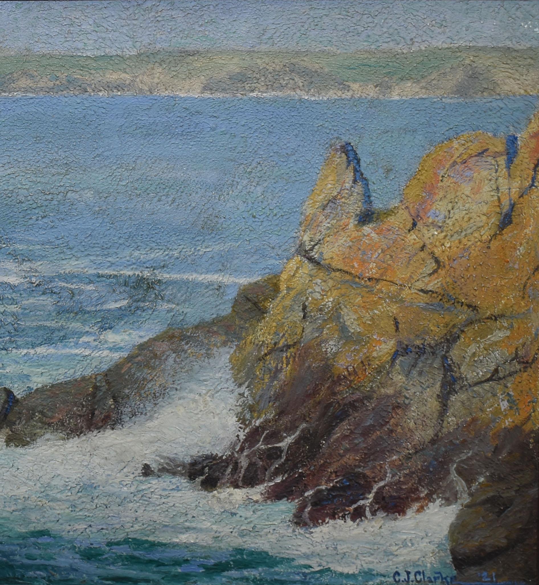 Impressionist seascape painting by Charles John Clarke  (1893 - 1984).  Oil on board, circa 1921.  Signed.  Displayed in a giltwood frame.  Image size, 16