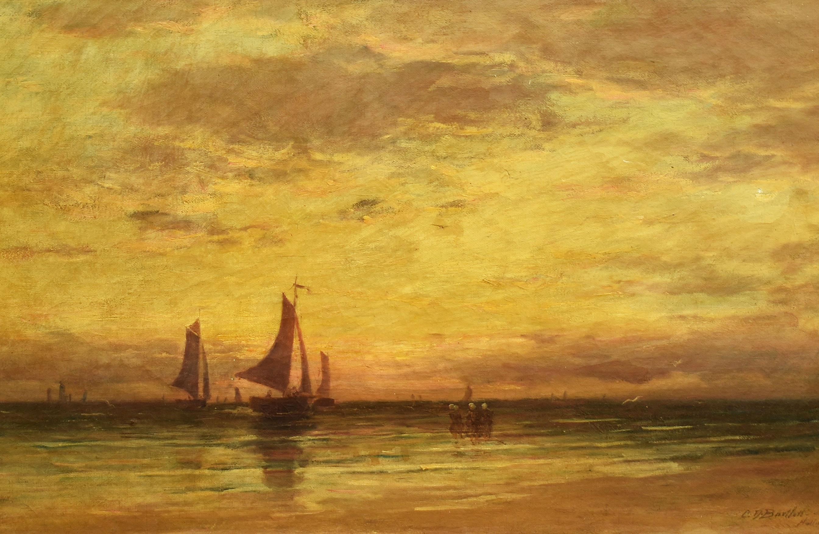 Antique American impressionist sunset seascape painting by Clarence Drew Bartlett  (born 1863).  Oil on canvas, circa 1897.  Signed.  Displayed in a period giltwood frame.  Image size, 24