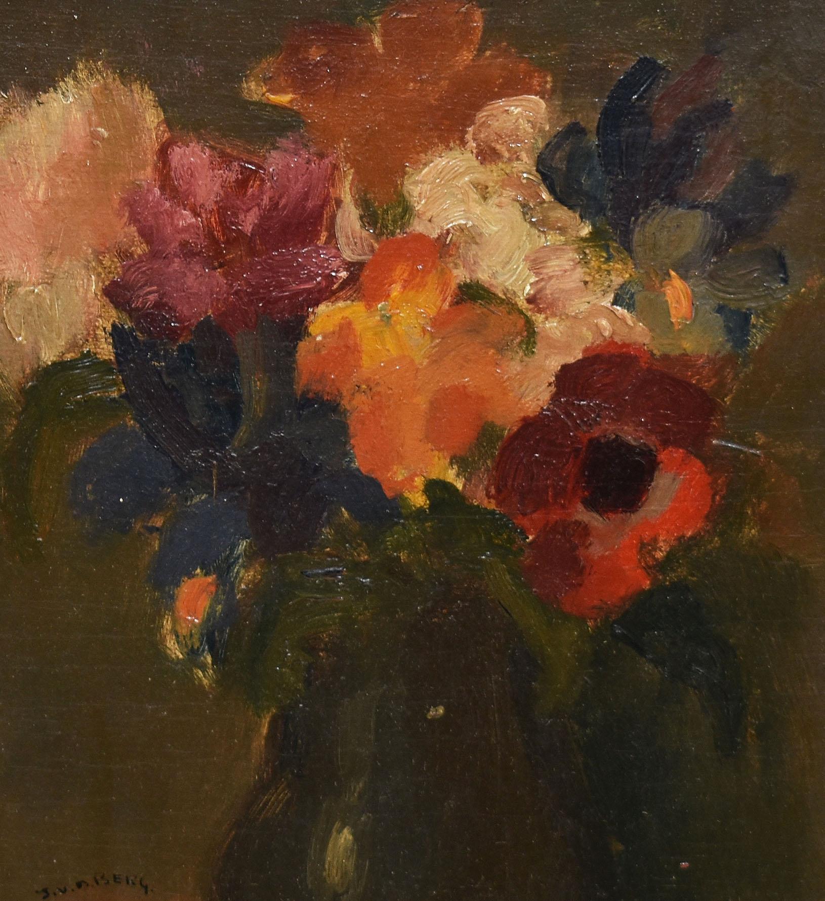 Antique Dutch modern flower still life painting by Ans Van Den Berg  (1873 - 1942).  Oil on board, circa 1920.  Signed.  Displayed in a period giltwood frame.  Image size, 11