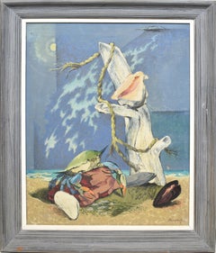 Antique American Modernist Surreal Beach Shellfish Oil Painting, Fred Buchholz