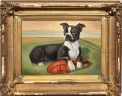 "What Shoe", Antique American Dog Portrait Interior Oil Painting Frank Childers