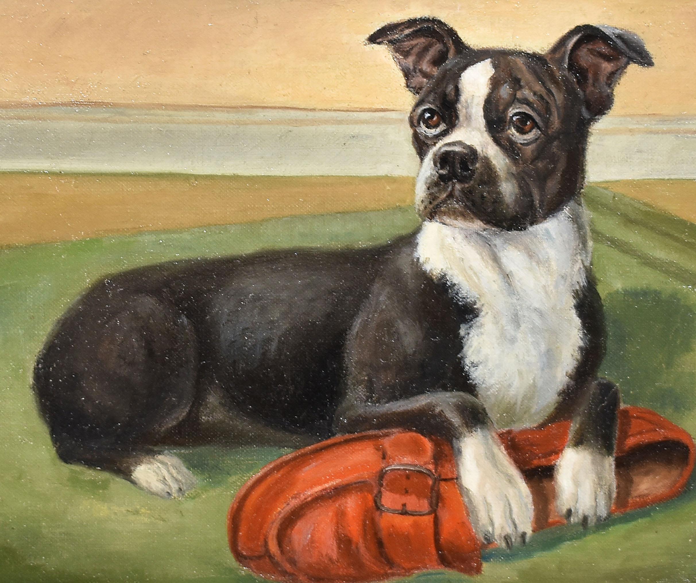 Antique American painting of a dog and shoe by Frank Childers.  Oil on canvas, circa 1900.  Signed.  Displayed in a period giltwood  frame.  Image size, 12