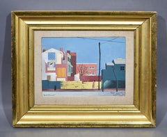 Antique American Modernist Cityscape Precisionist Street Scene Signed Painting