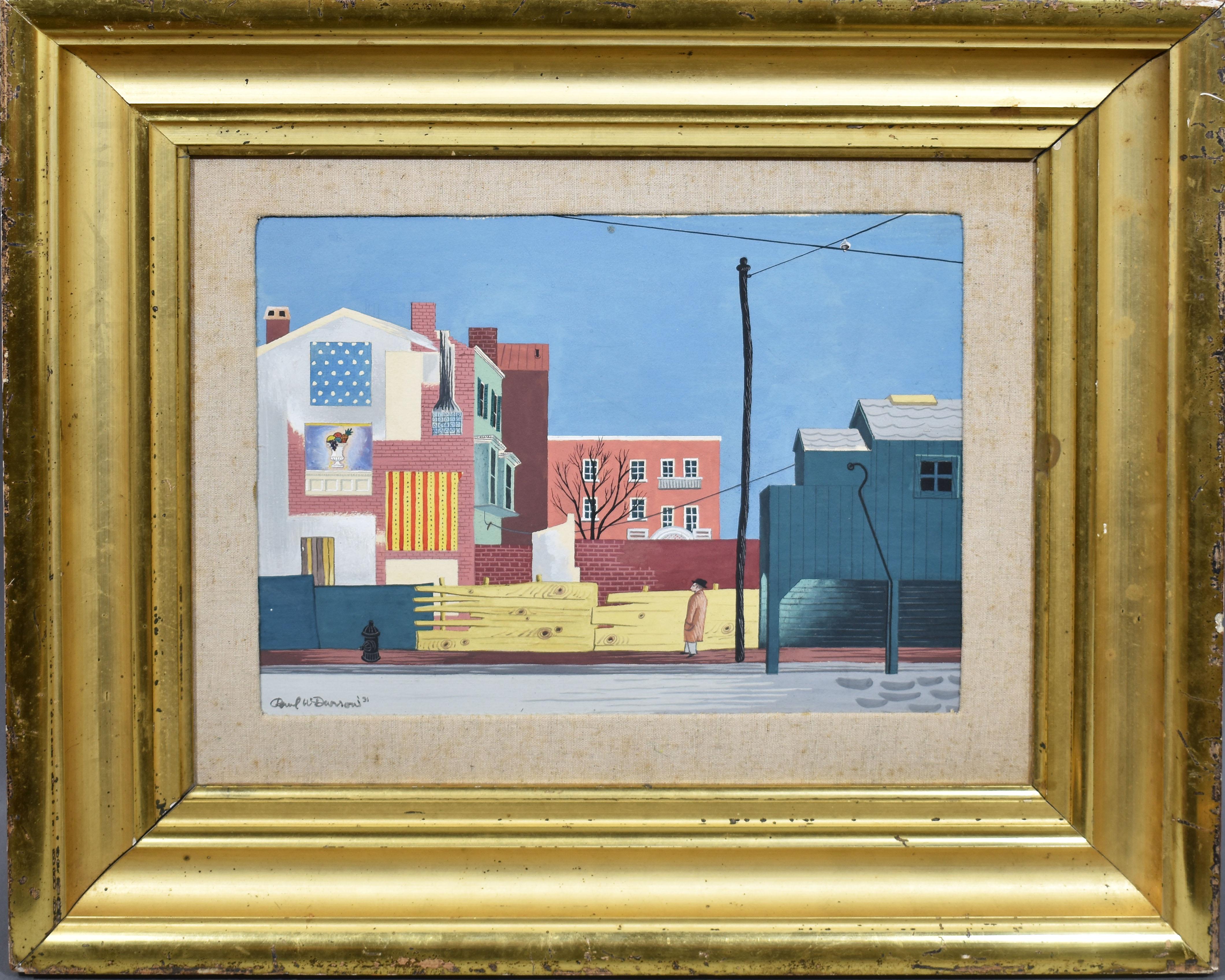 Paul Darrow Figurative Painting - Antique American Modernist Cityscape Precisionist Street Scene Signed Painting