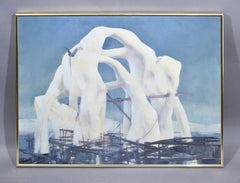 Antique American Abstract Bridge Landscape Oil Painting by Will Hollingsworth