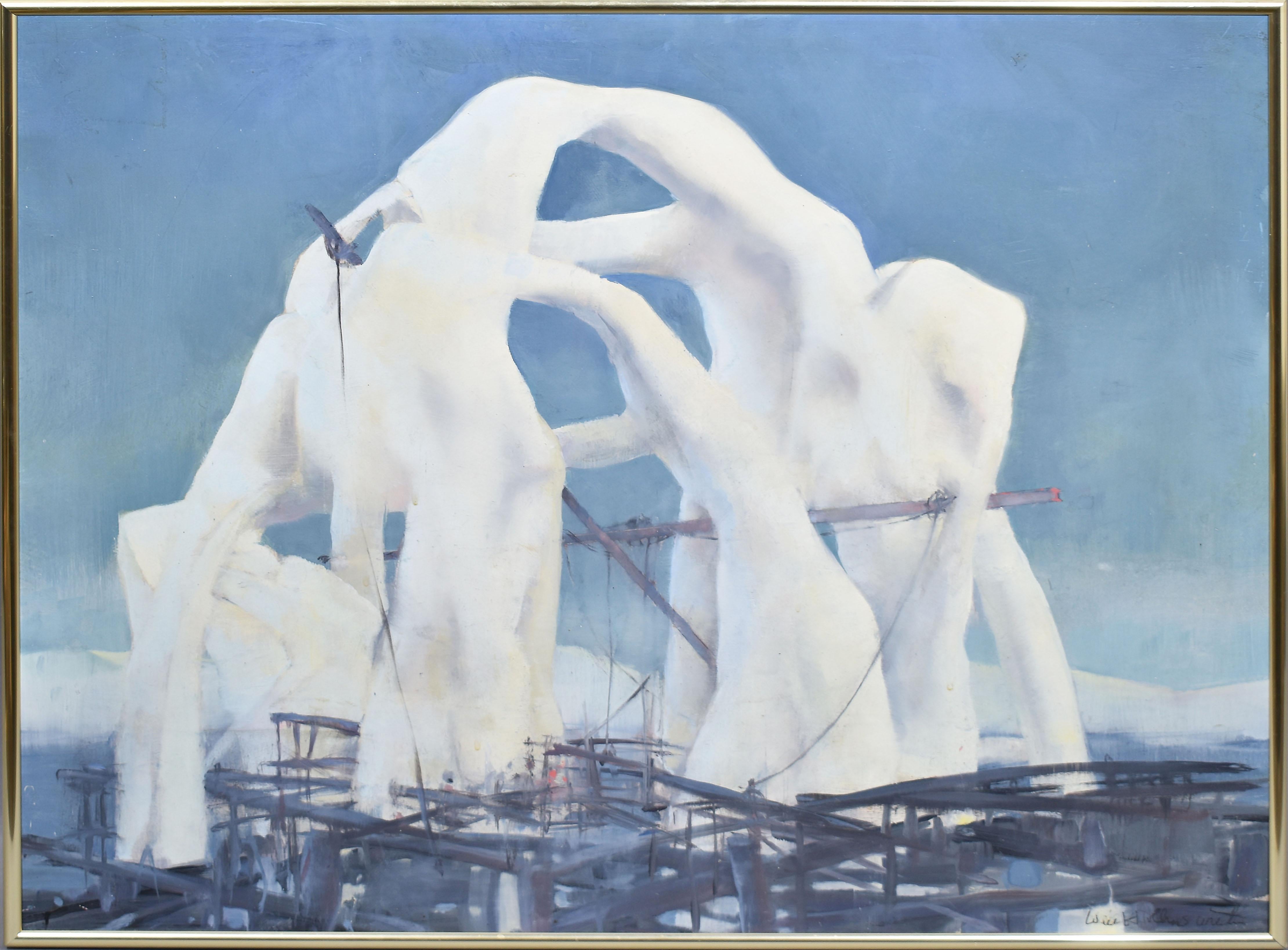 Antique peinture américaine surréaliste abstraite de paysage Will Hollingsworth. Huile sur toile, vers 1940. Signé. Présenté dans un cadre moderniste d'époque. Taille de l'image, 24 "L x 20 "H.
